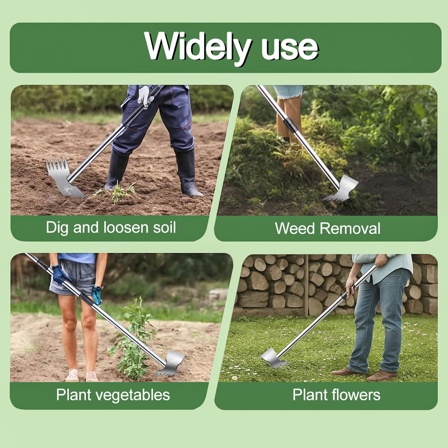 Weed Puller Tool with Long Handle, 60inch Manual Weed Puller Tool,2 in 1 Hand Weed Rake,Heavy Duty Garden Hoe,Uprooting Weeder Remover for Garden (Chrome(Stainless Steel), 60" Long Handle)