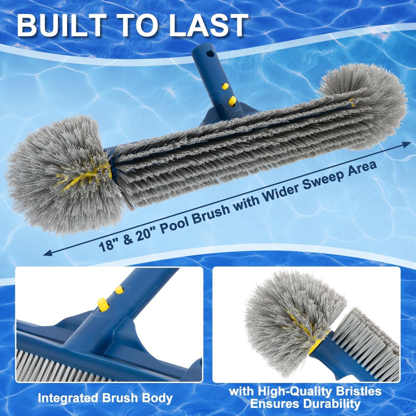 POOLAZA 18’’ & 20’’ Pool Brushes with Round Ends, Detachable Pool Brushes for Cleaning Pool Walls & Tiles, 2 in 1 Pool Brush Head for Inground Pools/Above Ground Pools,High-Efficient Pool Scrub Brush