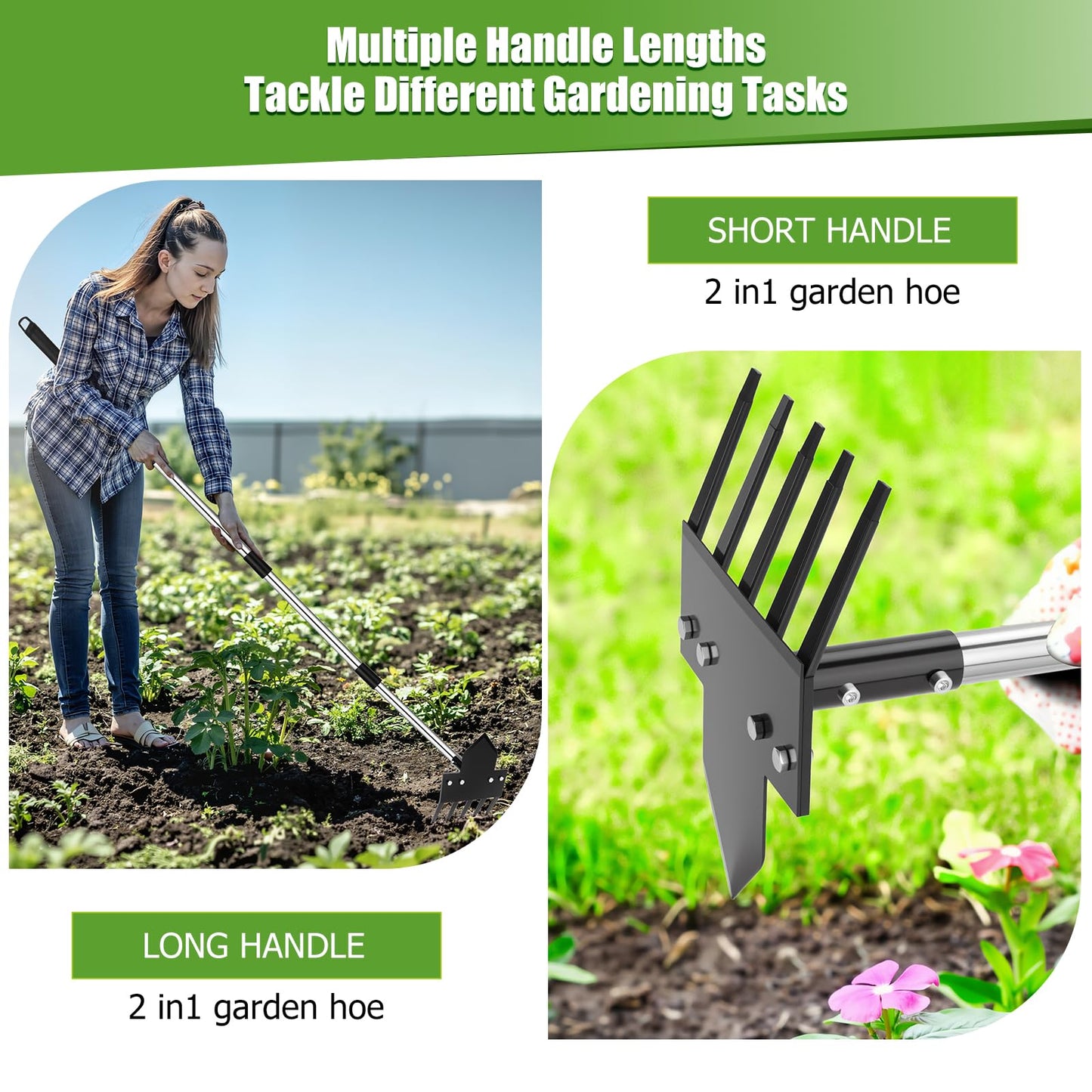 Poiyham 2-in-1 Hoe Garden Tools, 17-58" Weed Puller Tool with Long Handle, Heavy Duty Handle Garden Hoe and Weed Rake, Hoes for Gardening Yards Lawns Gardens Weeding