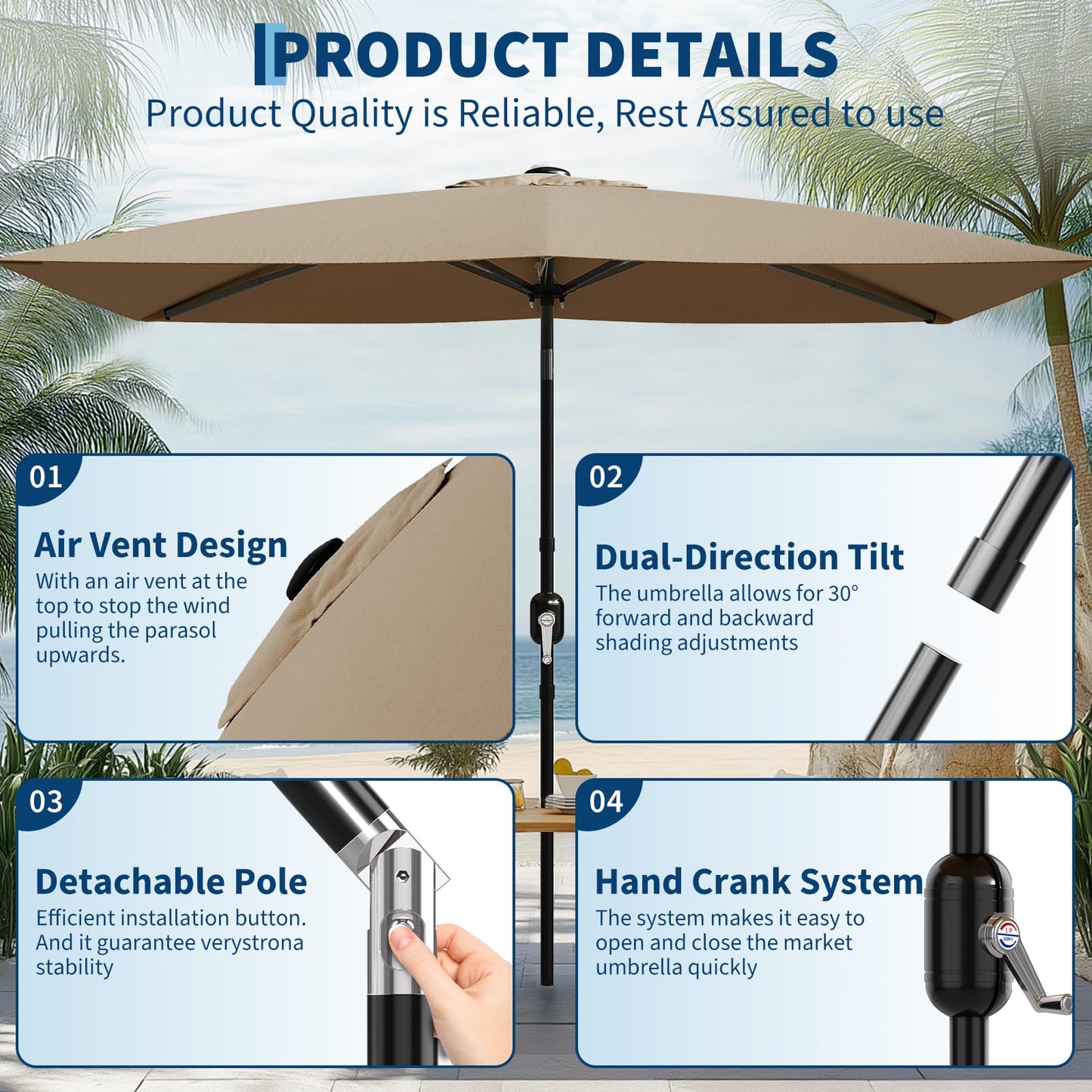 Garvee 10' x 6.5' Rectangular Patio Umbrella, Outdoor Table Umbrella with Crank and Push Button Tilt, Market Umbrella Sun Umbrella with 6 Sturdy Ribs Tilt for Garden, Deck, Lawn, Pool -Tan