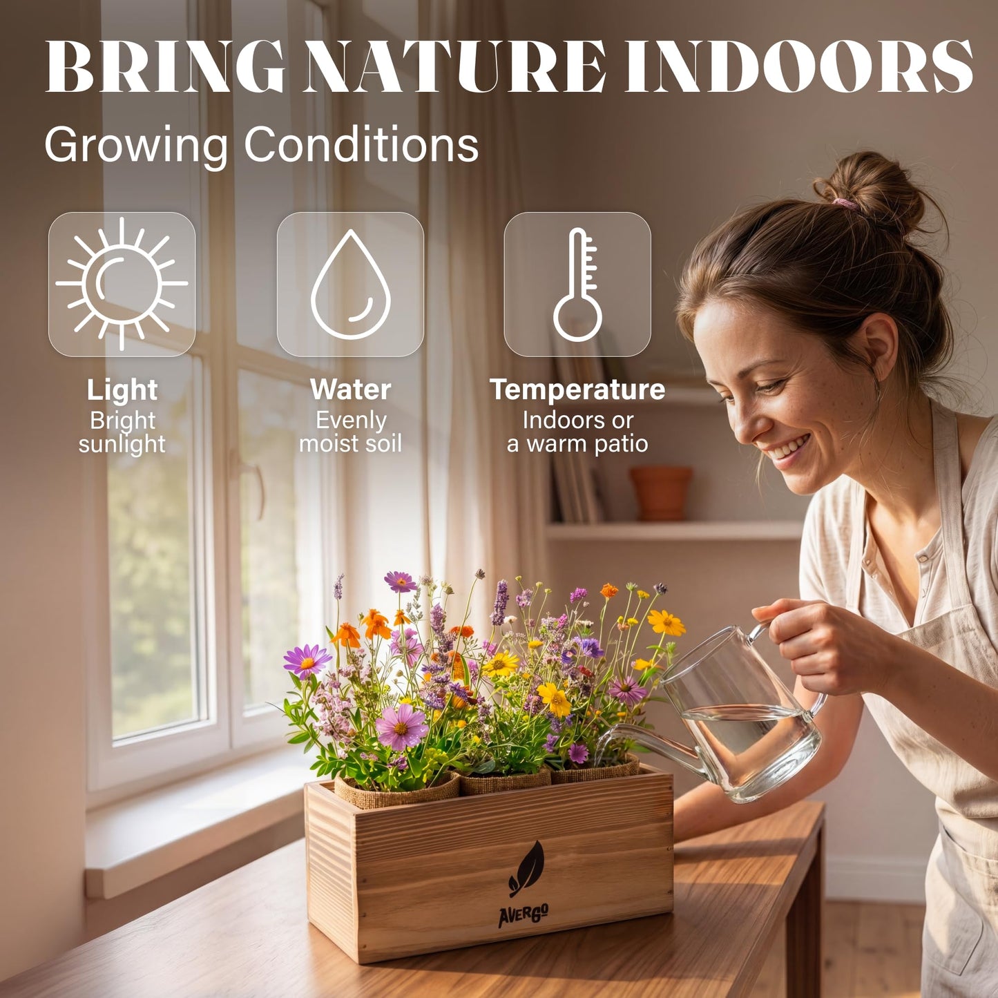 AVERGO Wildflower Seed Mix Growing Kit - Perennial Wild Flowers | Ideal Gift - Also Includes Planters, Soil, Wooden Box, and Gardening Tools for Indoor Garden and Patio Planting
