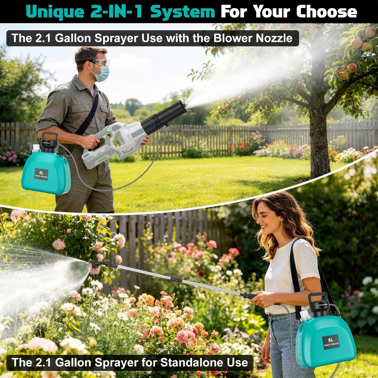 Battery Powered Sprayer Compatible For EGO Leaf Blower 530 575 580 615 650 765 670 Models(NO Blower), 2.1Gal Electric Mist Sprayer With Blower Nozzle, UP 32FT Spray Distance For Large Garden Lawn Yard