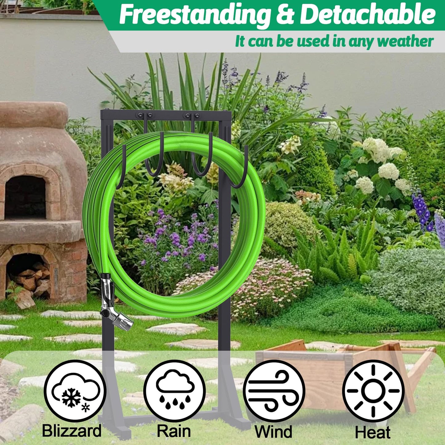 Heavy Duty Garden Hose Holder – 4-Hook Outdoor Water Hose Holder with 4 Reinforcing Spikes, Durable Hose Holder Organizer for Yard & Lawn