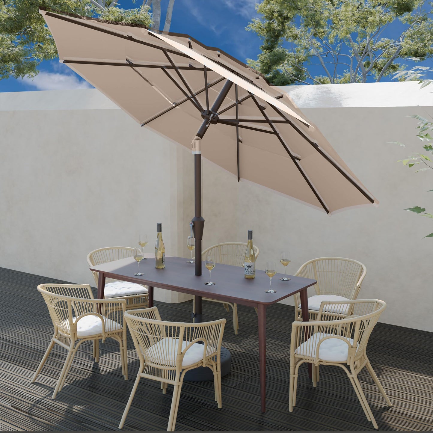Tobeos 9FT 3 Tiers Patio Umbrella With Auto Tilt And Crank, Outdoor Table Market Umbrella with 8 Sturdy Ribs for Garden, Lawn, Deck, Backyard and Pool (Beige)