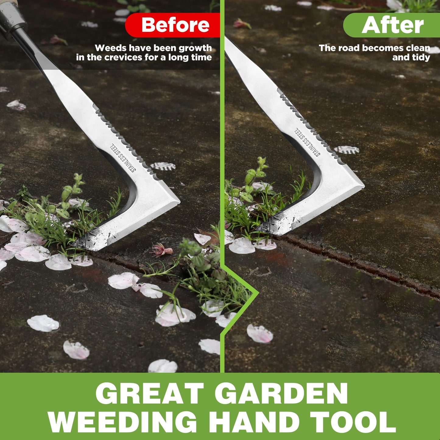 WORKPRO Crack Weeder, 12" Stainless Steel Crevice Weeding Tool with Ash Wooden Handle, L-Shaped Side-Walk Weed Puller Spatula, for Garden Lawn Yard Patio Terrace Paving Moss Garden Tool