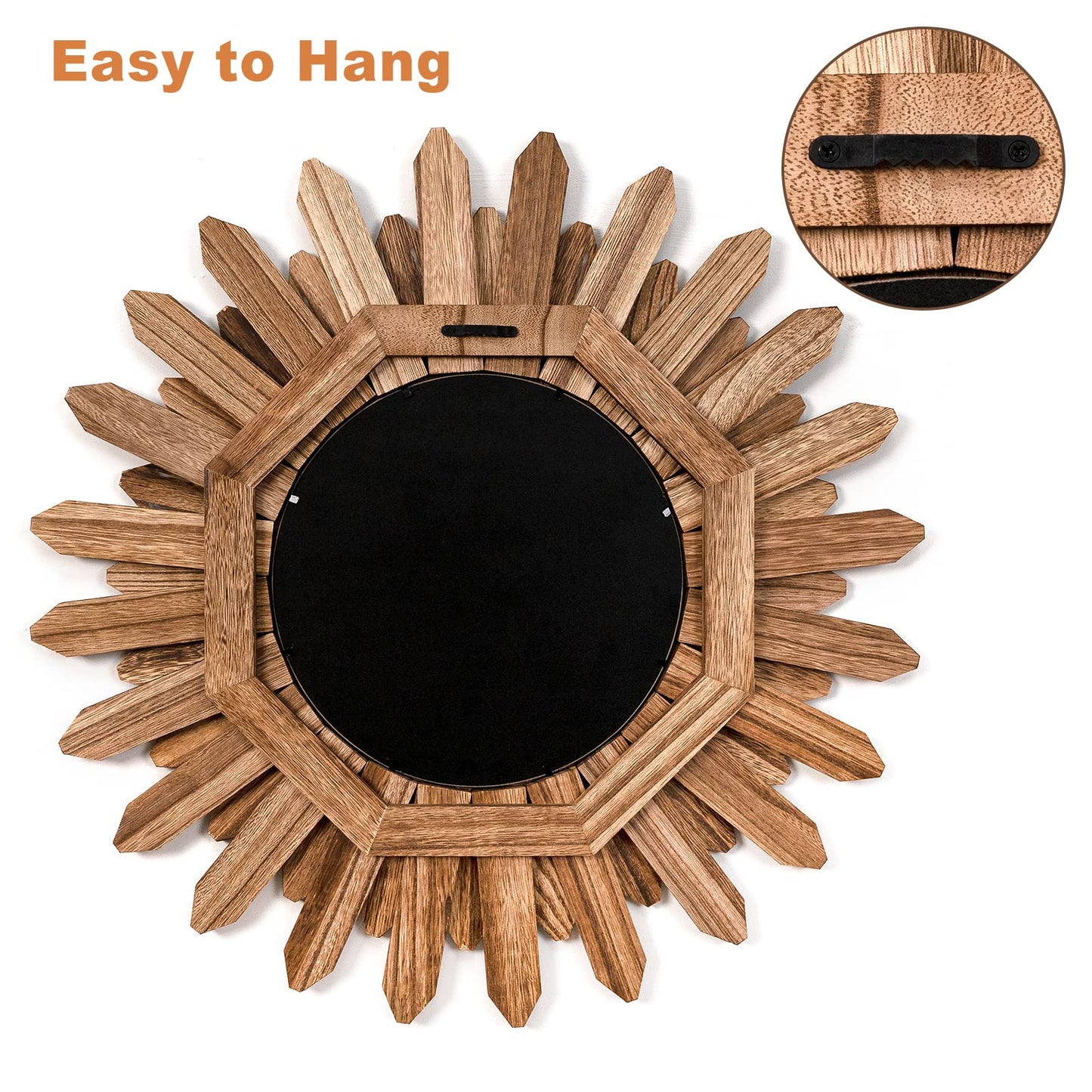 Emfogo Wall Mirror 21 inch Rustic Wood Sunburst Boho Mirror Wall Decor Home Decor for Bedroom Living Room Entryway Farmhouse (Carbonized Black)