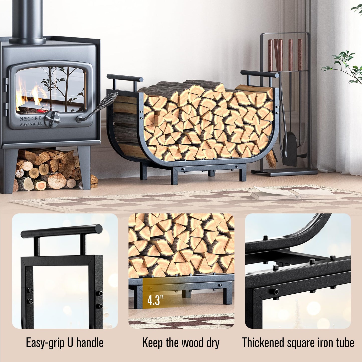 nalone 30 Inch Firewood Rack with Carrier Bag, Wood Rack for Outdoor Patio and Indoor Fireplace, Metal Wood Storage Log Holder for Outside Patio Deck