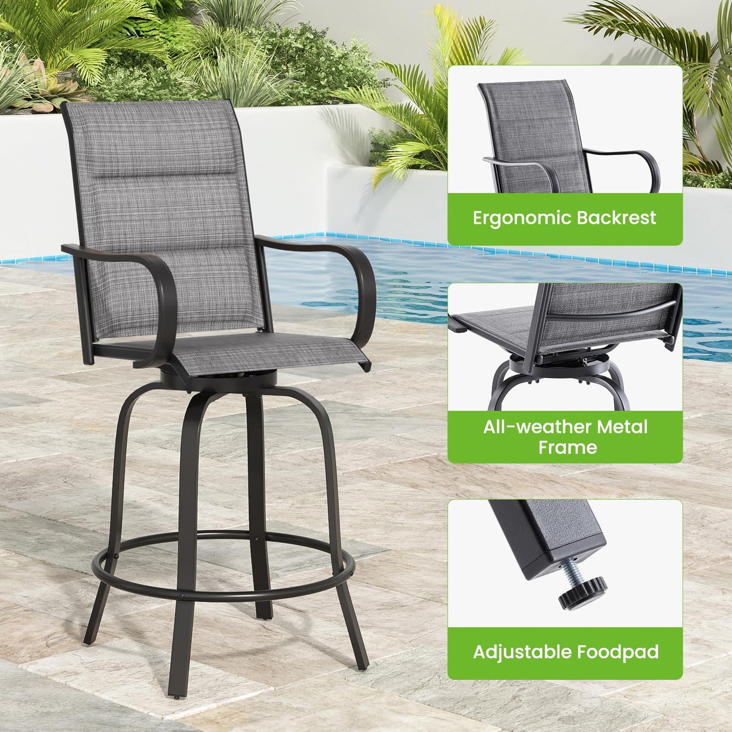 Soohow Swivel Patio Bar Stools Set of 2, Outdoor Barstools with Paded Textilene Fabric, All Weather Bar Height Outdoor Chairs, Tall Swivel Patio Chair for Balcony, Poolside, Yard