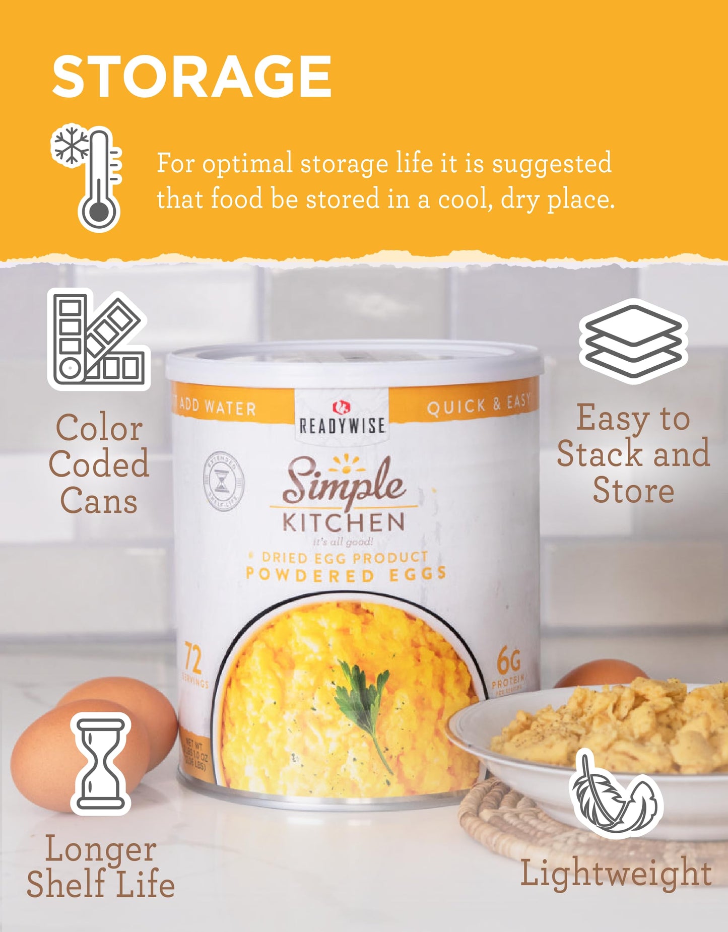 ReadyWise - Simple Kitchen, Powdered Eggs, 72 Servings, Emergency Supply, Dehydrated Food, Baking Supplies, Camping Meals, Survival Food, 10 Can Egg Powder