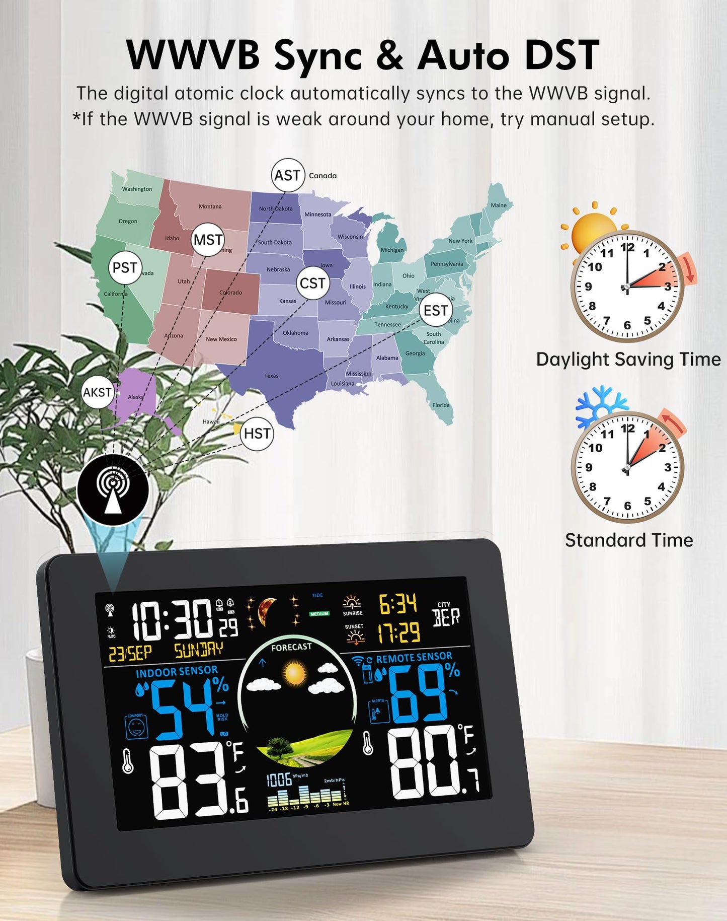 Zivron Weather Station Wireless Indoor Outdoor Thermometer, 7.5" VA Display with Remote Sensor, Home Weather Station with Weather Forecast, Temperature, Humidity, Atomic Clock, Black