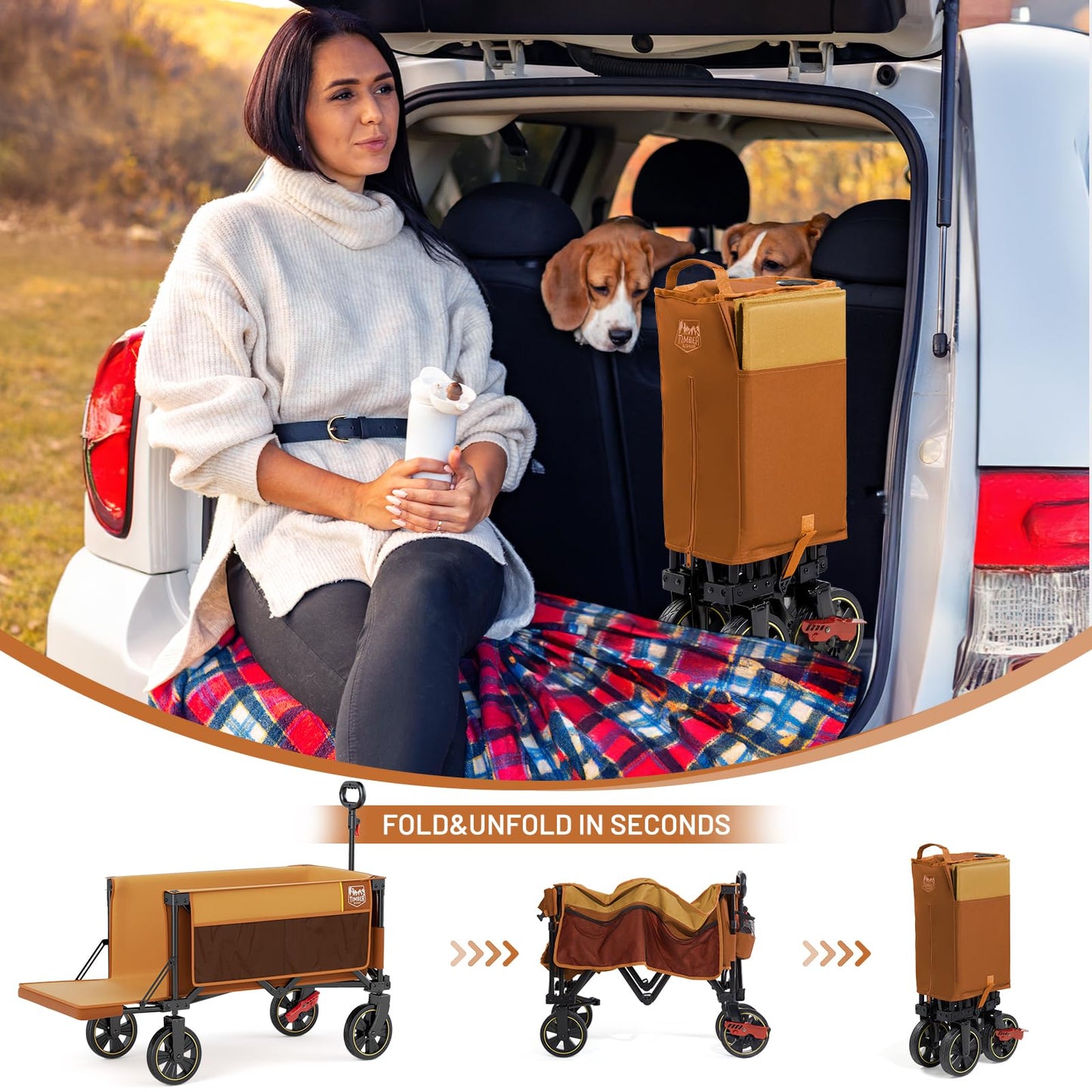 Timber Ridge 49" Extra Long Collapsible Folding Wagon with Tailgate and Brakes, 250L Capacity All-Terrain Wagon Carts Foldable, 300lbs Portable Cart for Dog, Garden, Outdoor Camping Sports, Orange