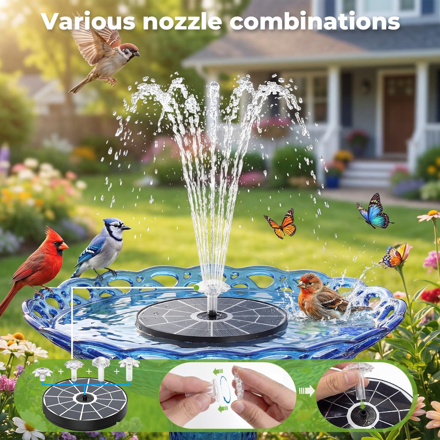 AISITIN 3.7W Solar Bird Bath Fountain Upgraded 6.3" Solar Glass Panel, Solar Powered Fountain Pump with Integrated Bracket & Storage for Bird Bath, Pond, Garden, Aquarium and Outdoor