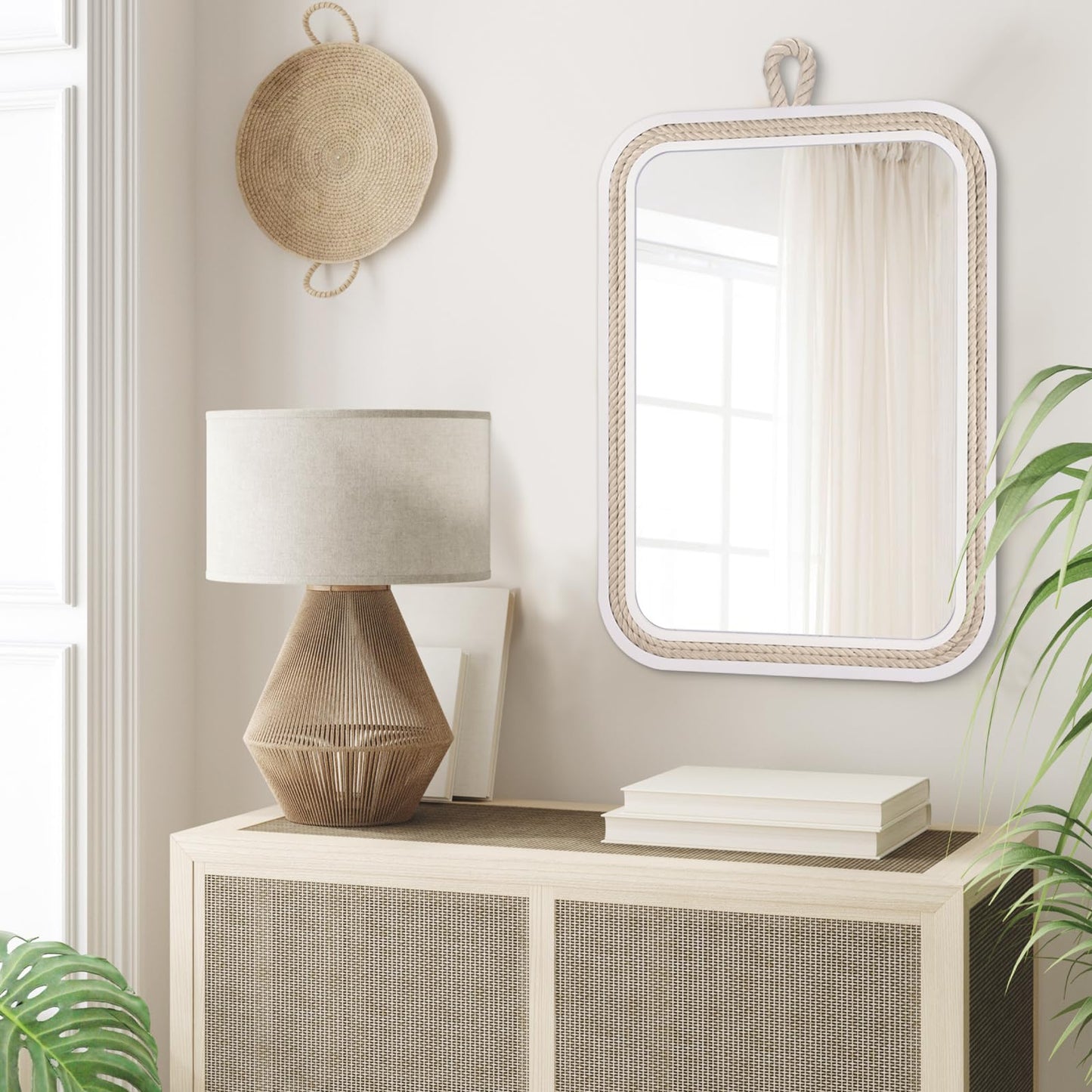 Nautical Rope Mirror Rectangle Wooden 22''Lx16''W White Decorative Mirror Farmhouse Hanging for Bathroom,Livingroom,Entryway-Beachy Coastal Wall Mirror Decor