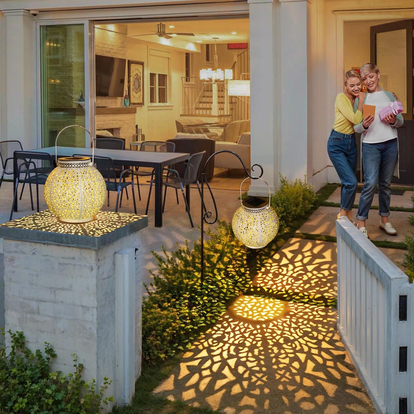 TAKE ME 2 Packs White Solar Lanterns Outdoor Waterproof Garden Laterns Metal Retro Lights for Mothers Gifts Mom Wife Grandma Birthday Gifts (White Set of 2)