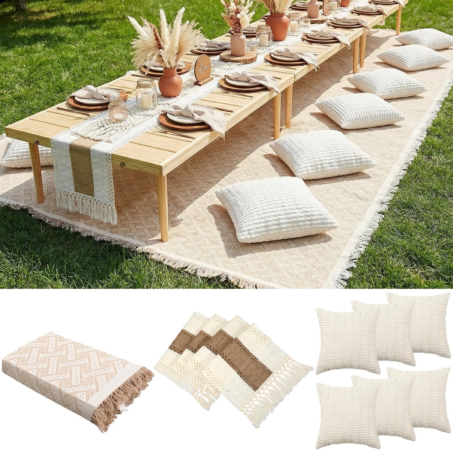 Beeveer Extra Large Outdoor Boho Picnic Blanket 181'' x 71'' Beige White Table Runner 6 Throw Pillow Cover Woven Cotton Yarn Oversize Beach Blanket Washable for Picnic Camp Wedding