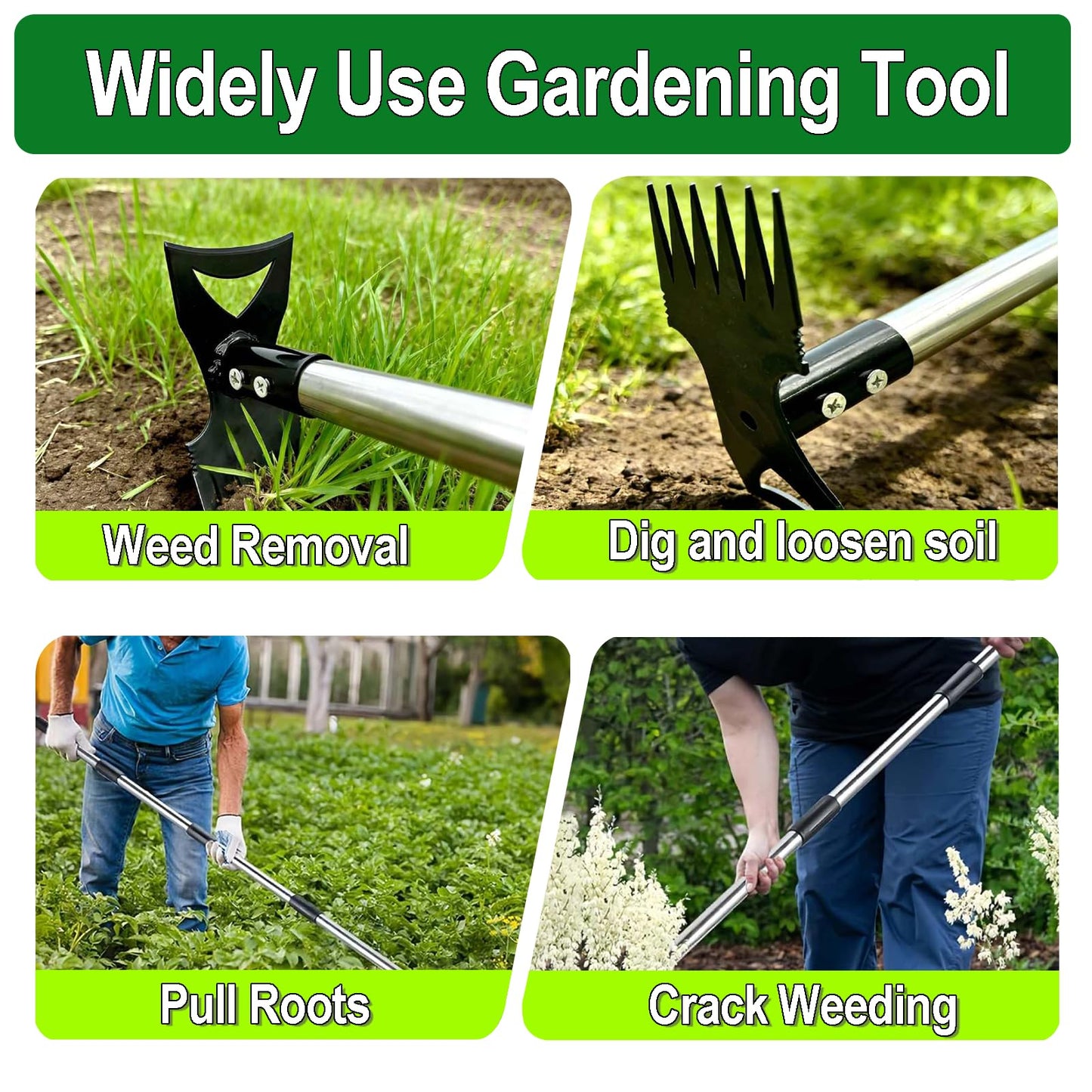 HWLANTU Stand Up Weed Puller Tool with 58" Adjustable Long Handle, 2 in 1 Heavy Duty Manual Weeder & Garden Hoe, 4-Claw Steel Head Weed Remover with Gloves for Yard Lawn Patio Flower Bed