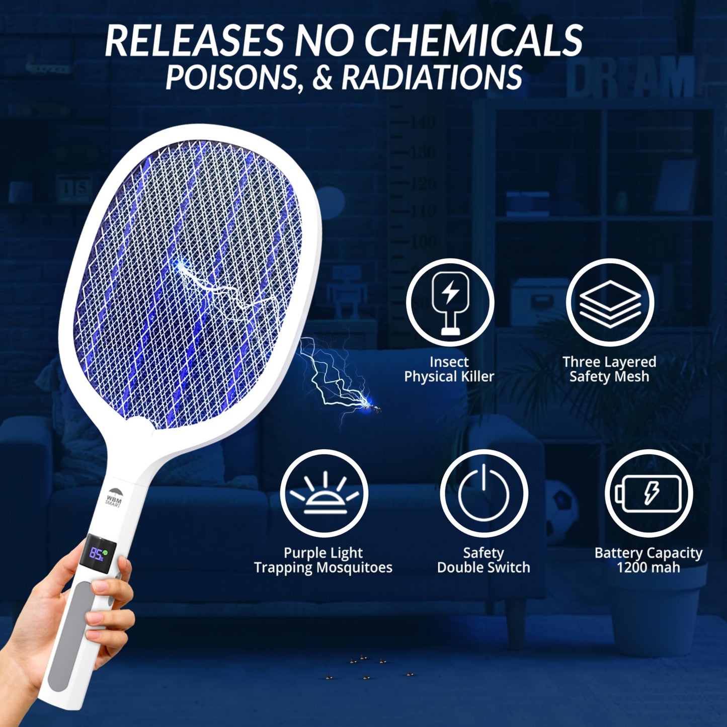 WBM Smart 2 in 1 Electric Bug Zapper, Mosquitoes Trap Lamp & Racket, USB Rechargeable Electric Fly Swatter for Home and Outdoor Powerful Grid 3-Layer Safety Mesh Safe to Touch, Pack of 2