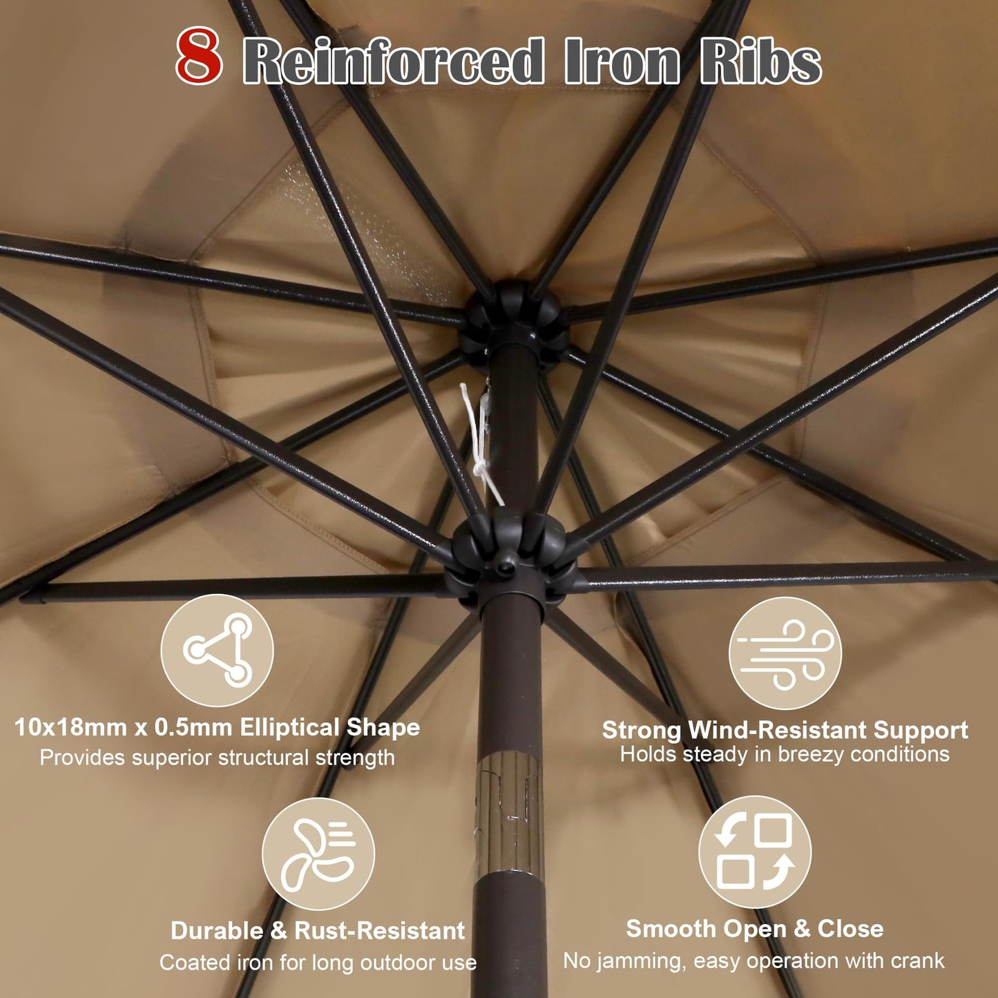 Blissun 9' Outdoor Patio Umbrella, Outdoor Table Umbrella, Yard Umbrella, Market Umbrella with 8 Sturdy Ribs, Push Button Tilt and Crank (Tan)