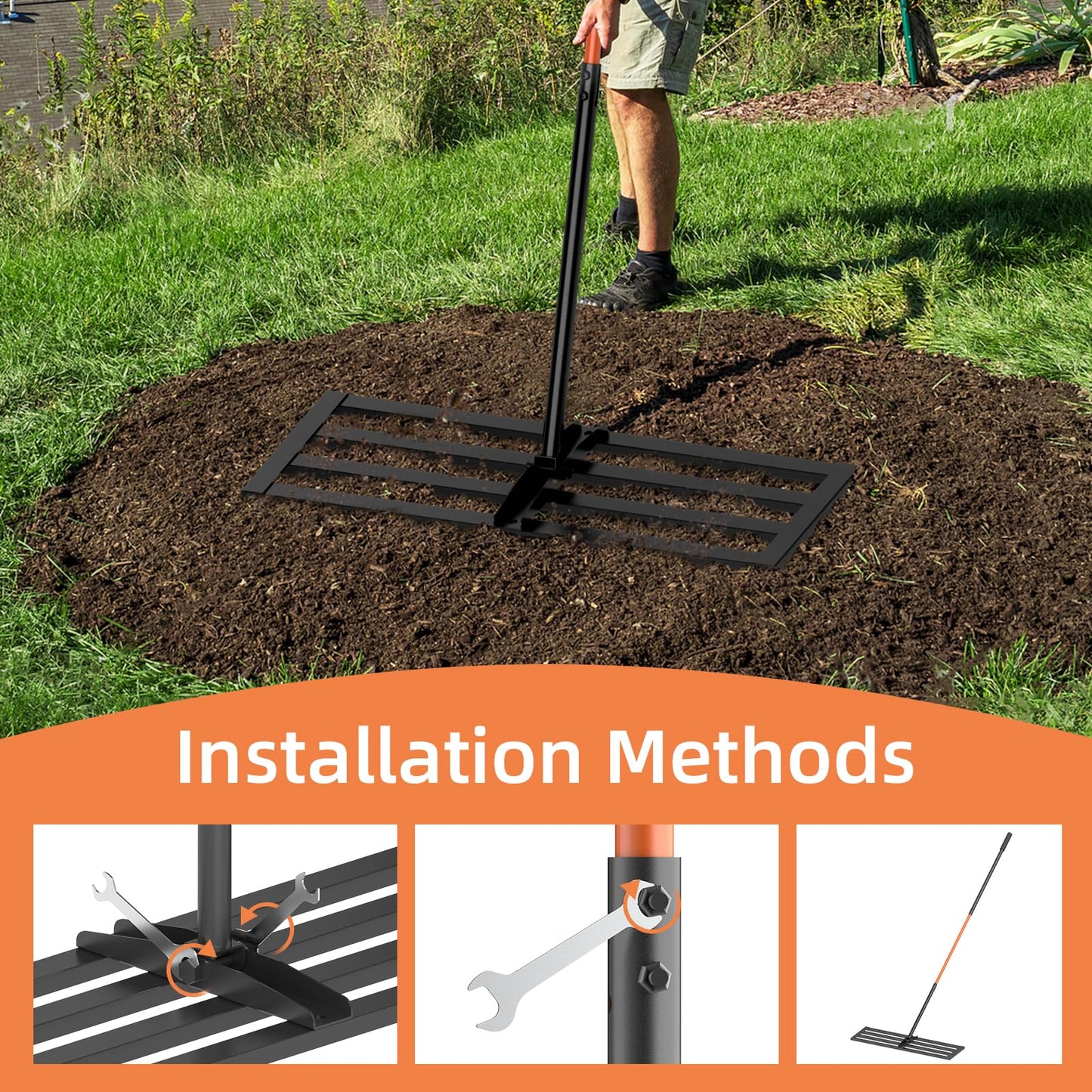 Lawn Leveling Rake 30"x10", Heavy-Duty Stainless Steel Yard Leveling Rake, Professional Soil Leveling Tool for Pastures, Golf Lawns, Gardens, Yards (Black)
