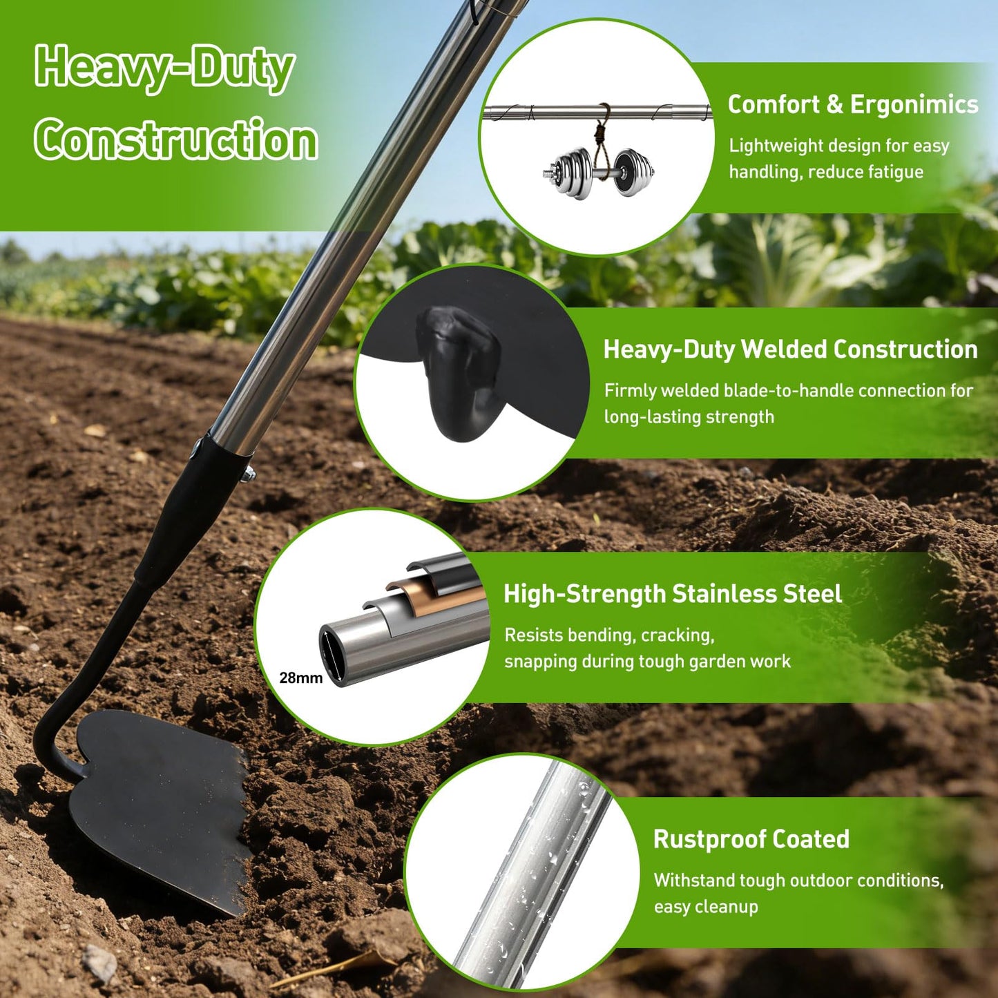 Garden Hoe for Weeding, Heavy Duty Draw Hoe Garden Tool for Plowing,Cultivating,Trenching, Ridging,Tilling Loosening Soil,Scraping Weeder with 60” Handle for Stand Gardening, Reduce Back Strain