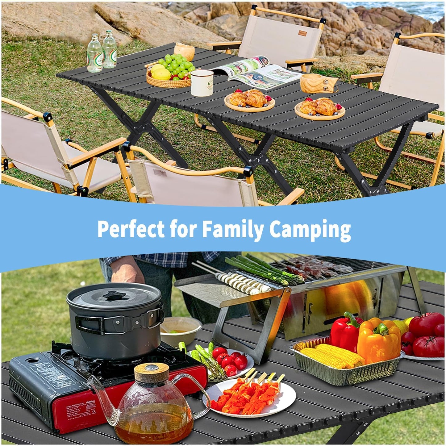 4Ft Aluminum Folding Camping Table, Portable Picnic Table, Outdoor Lightweight Collapsible Camp Table, Roll-up Camping Table for Beach,Party, Patio, BBQ, Travel, Backyard (Black Upgraded Version)