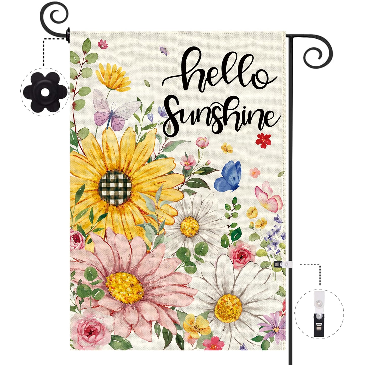 Baccessor Spring Summer Garden Flag Double Sided 12.5 x 18 Inch Burlap with Clip and Stopper,Hello Sunshine Sunflowers Daisy Flag Seasonal Farmhouse Yard Lawn Outside Outdoor Decoration