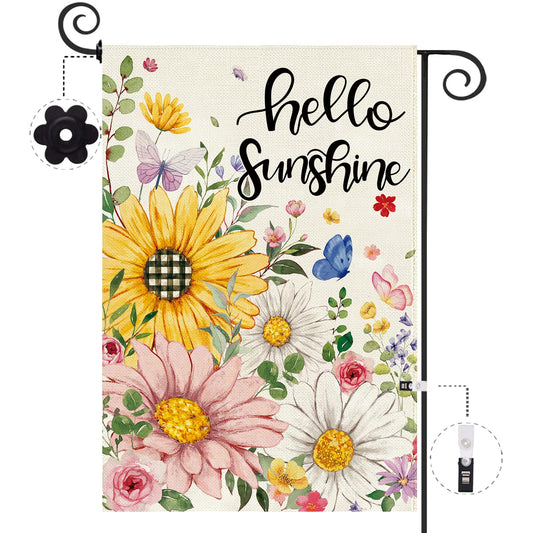 Baccessor Spring Summer Garden Flag Double Sided 12.5 x 18 Inch Burlap with Clip and Stopper,Hello Sunshine Sunflowers Daisy Flag Seasonal Farmhouse Yard Lawn Outside Outdoor Decoration