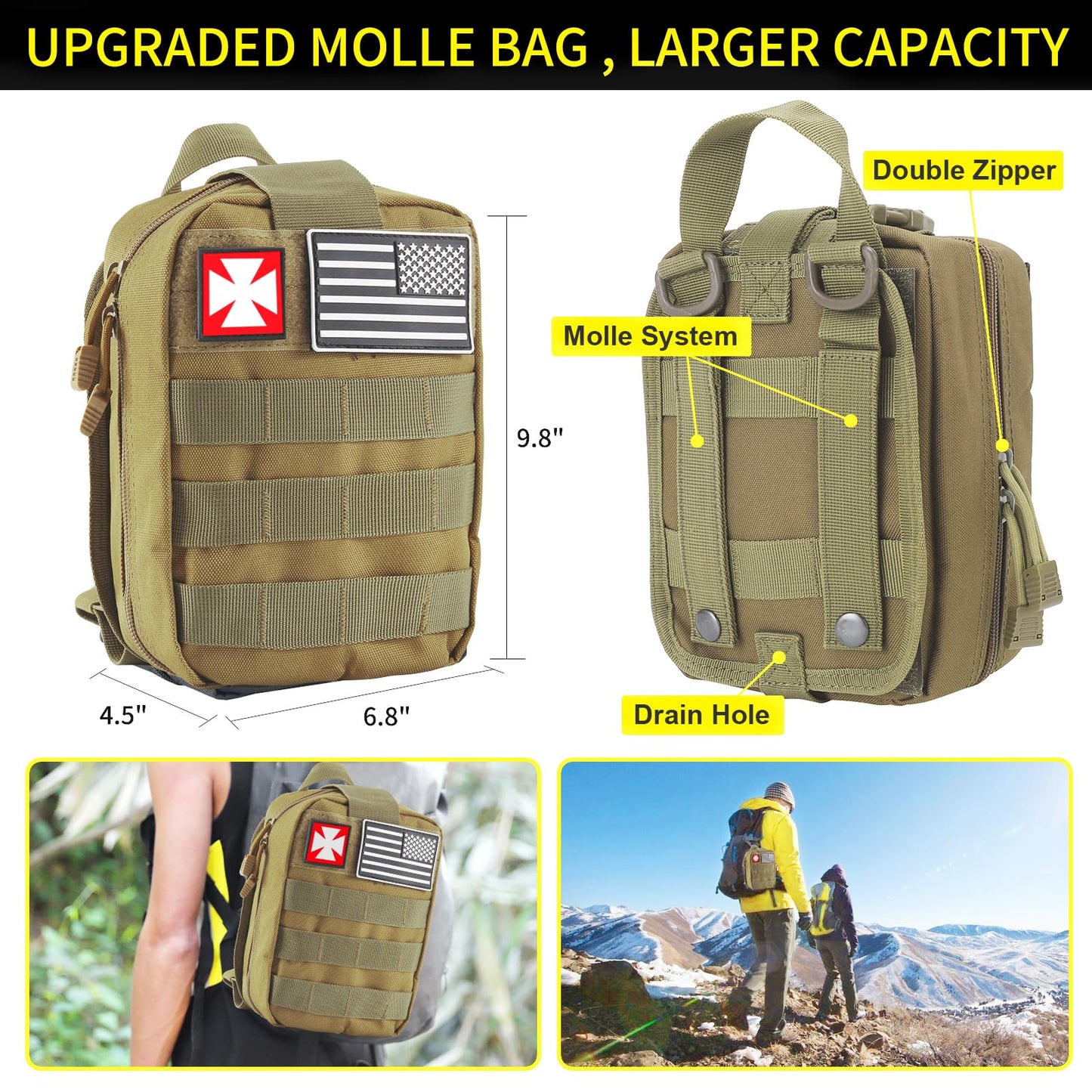 Gifts for Men Christmas Survival Kit and First Aid kit, 160 Pcs Emergency Supplies Camping Accessories with Upgraded Molle Bag, and Women Outdoor Adventure Camping Hiking Hunting (Green)