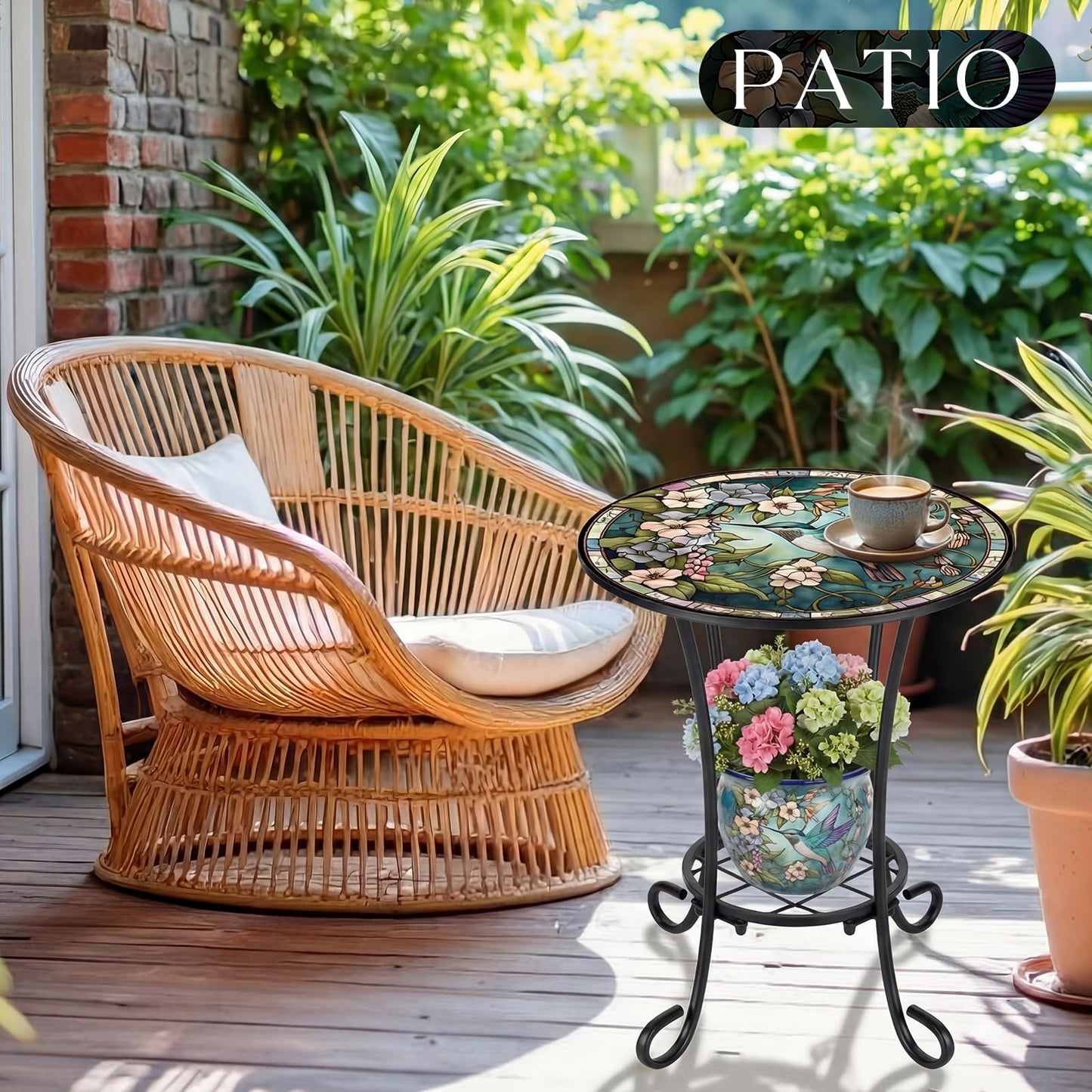 Cinnvoice Outdoor Side Table 2-Tier Round Small Mosaic Patio Accent Indoor End Plant Coffee Tea Table for Yard Patio Porch Garden Living Room, Bedroom(Hummingbird Style,14 Inch)