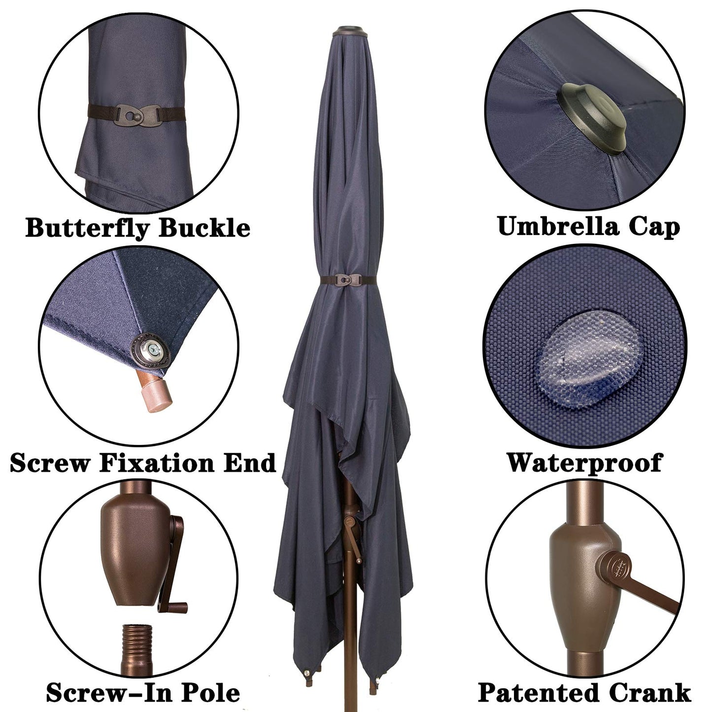 Ogrmar 6.5x10ft Patio Umbrella Rectangular Outdoor Table Umbrella with Crank & Push Button Tilt for Terrace, Backyard, Garden, Courtyard, Swimming Pool, Lawn (Navy Blue)