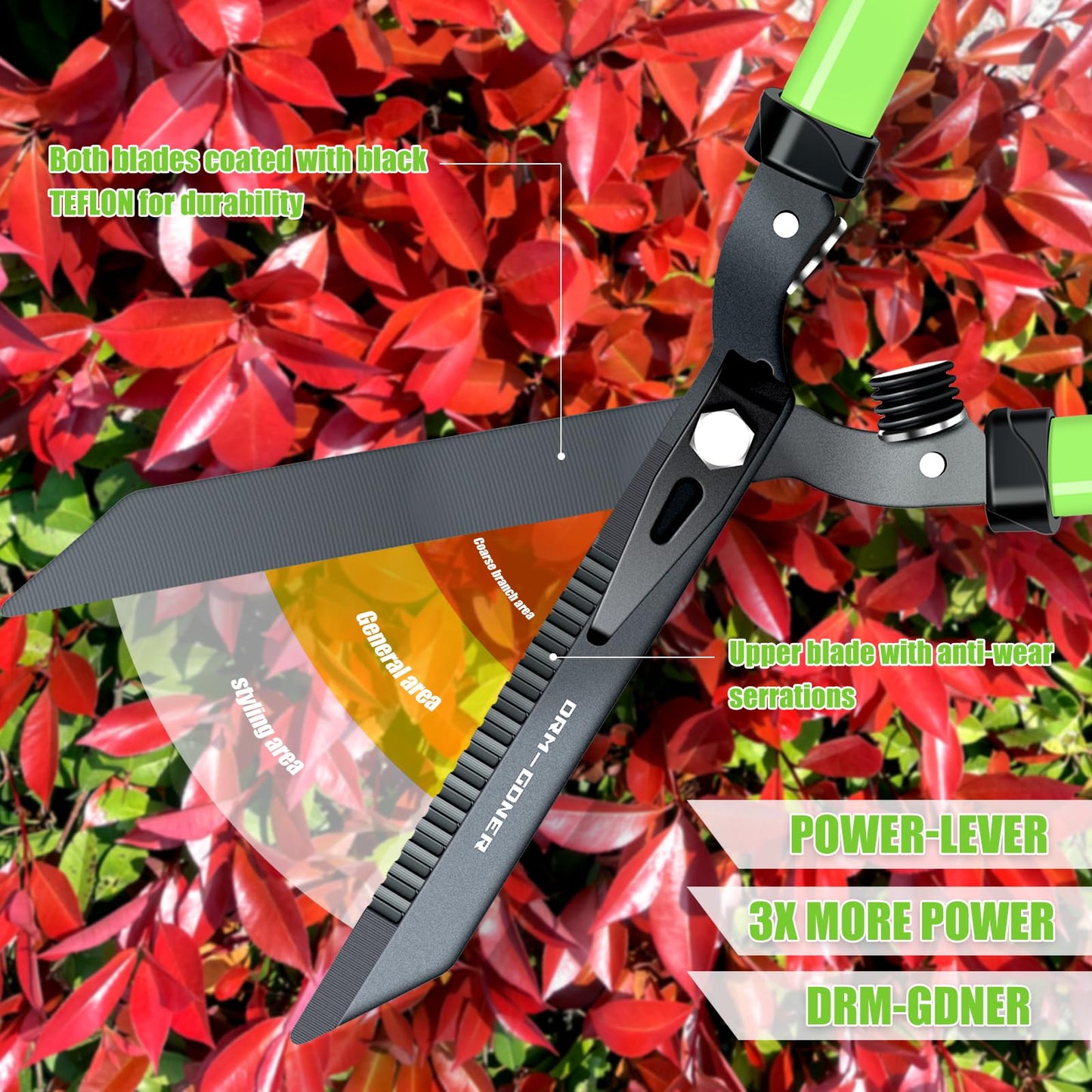 DRM-GDNER Professional Heavy Duty Hedge Shears 23" - Serrated Blade & Dual Shock Handle, Ergonomic Gardening Clippers with Anti-Rust Coating