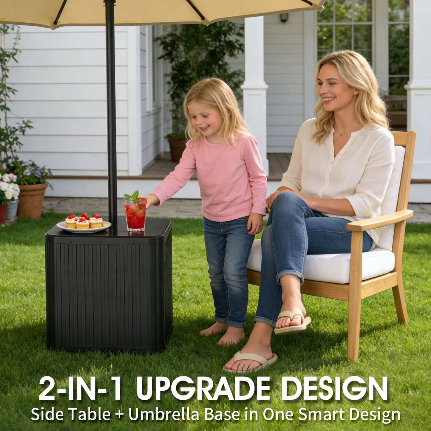 BoYata Outdoor Umbrella Side Table, 2-in-1 Outdoor Side Table with Umbrella Hole, 15.9 Gallon Fillable Umbrella Stand Base, Fit Up to 1.5" Pole, Square Patio Side Table for Poolside, Deck, Matte Black