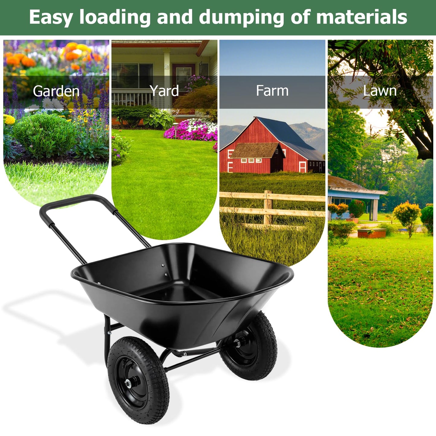 ERGOMASTER Dual-Wheel Wheelbarrow, Home Utility Garden Cart, 330 LBS Capacity, Large Heavy Duty Yard Cart for Gardening & Planting, Lawn, Farm, Construction Site, Black