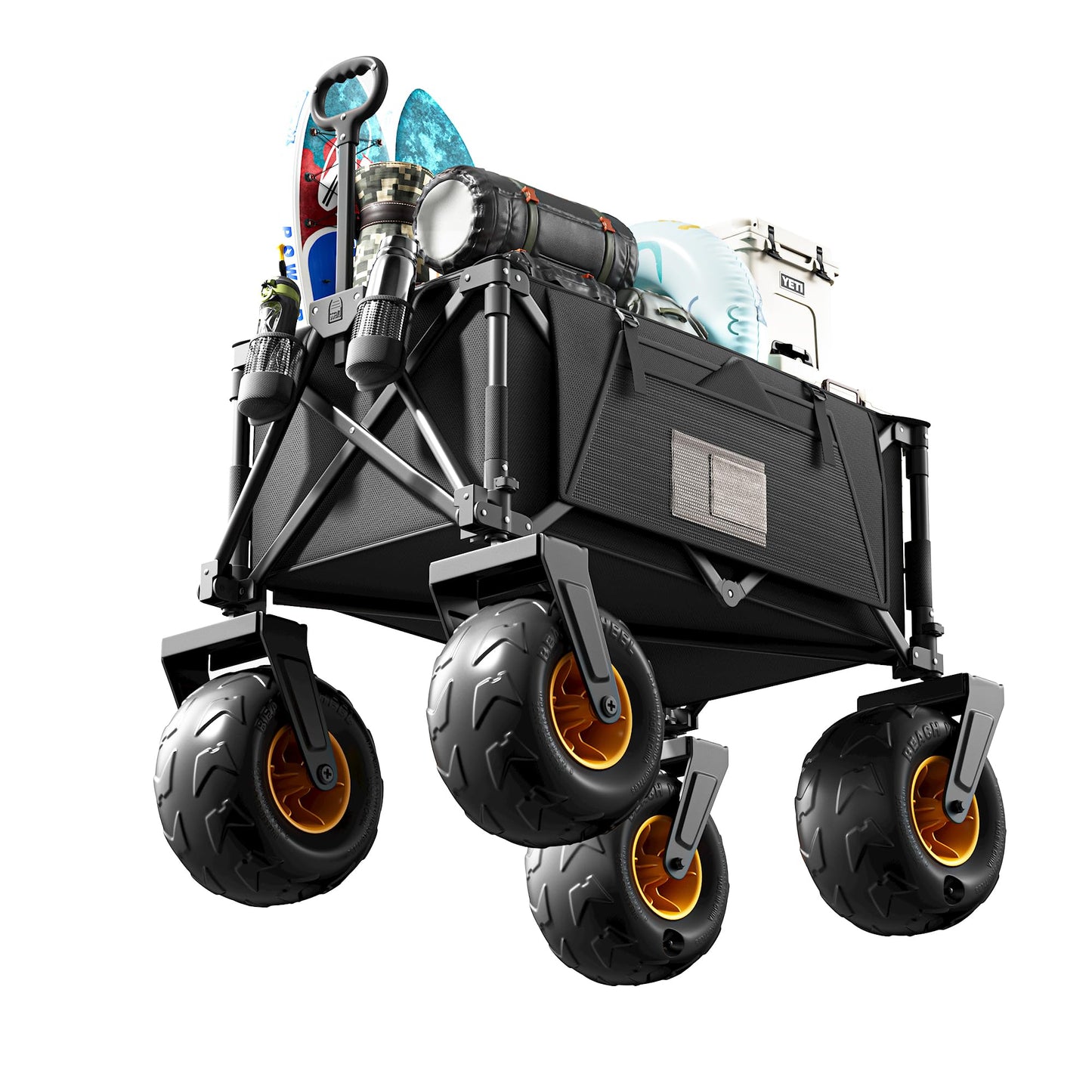 DXZ Beach Wagon Cart with Big Wheels for Sand – Folding Collapsible Wagon, Heavy Duty Wagons Carts Foldable for Beach, Camping, Outdoor Gear, Easy Setup Black Yellow