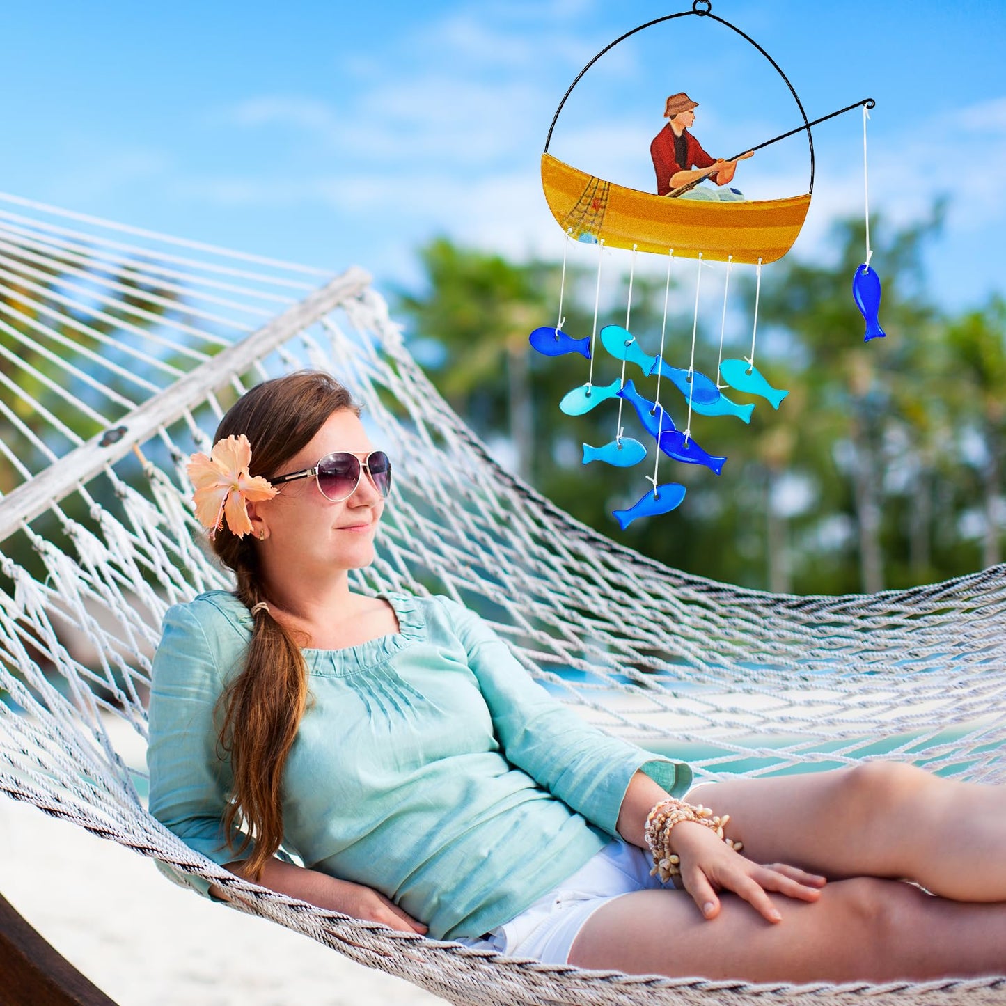 X-PREK 21" Fish Wind Chimes for Outside, Blue Sea Glass Wind Chimes Garden Decor, Windchimes Outdoors Suncatcher Gift for Women, Mom, Grandma, Unisex