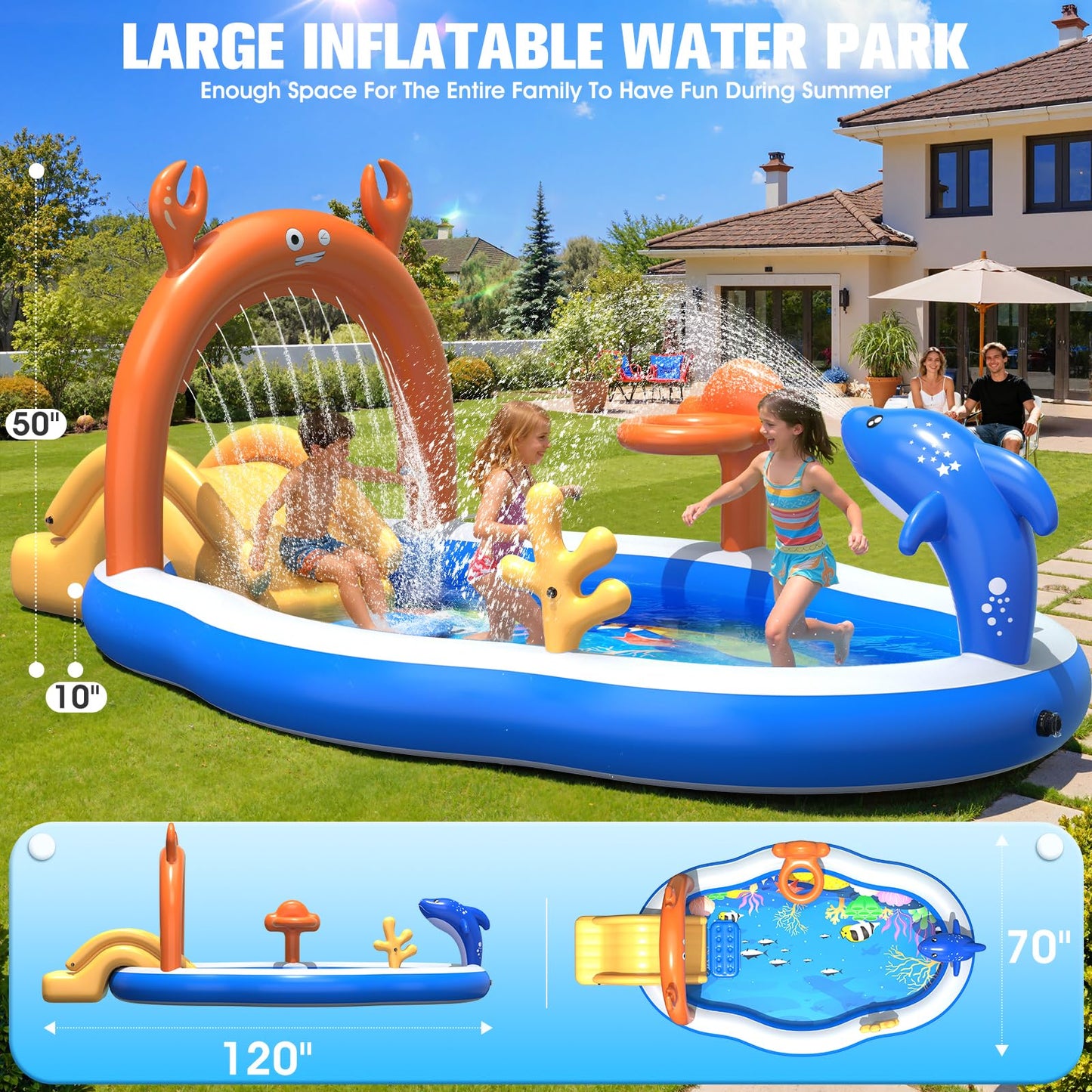 StarOcean 2026 Large Inflatable Play Center,Kiddie Pool with Water Slide&Sprinkler,120''x70"x50''Inflatable Toddler Pool with Slide,BlowUp Water Play for Toldder,Inflatable Water Park for Kid Backyard