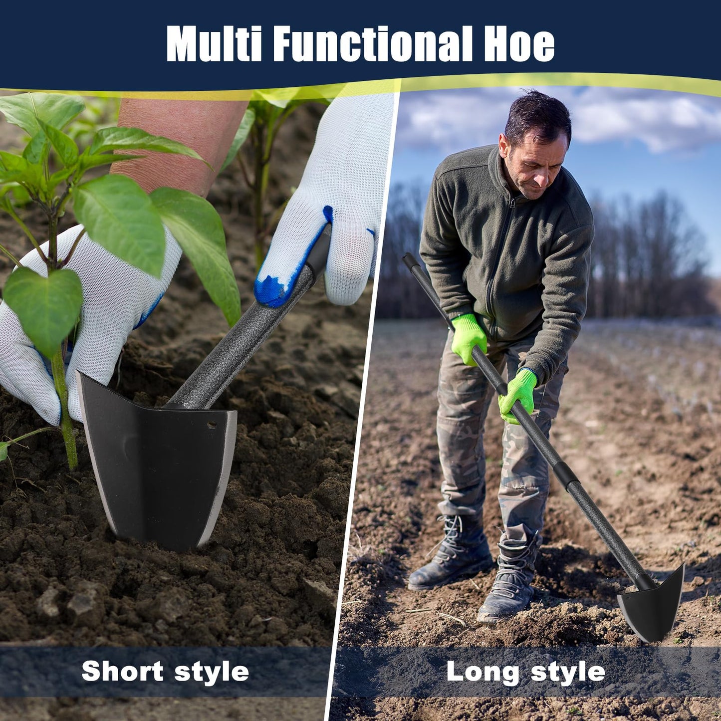 EUIJOIP Extra-Sharp Triangular Hoe - Heavy Duty Gardening & Construction Tool with 15"-60" Adjustable Stainless Steel Pole, Detachable Design for Digging, Weeding, Trenching