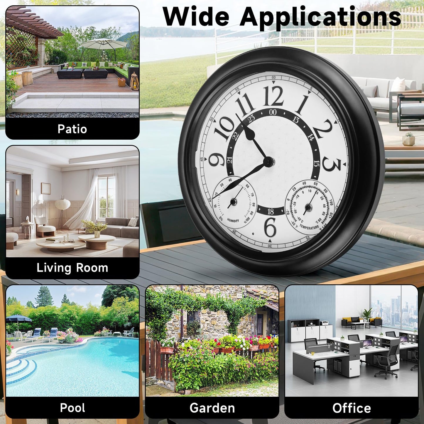 Dyreps 15Inch Outdoor Clock with Thermometer & Hygrometer - Waterproof Illuminated Large Outdoor Clocks Waterproof, Weather-Resistant Battery Operated Metal Wall Clock for Indoor and Outdoors