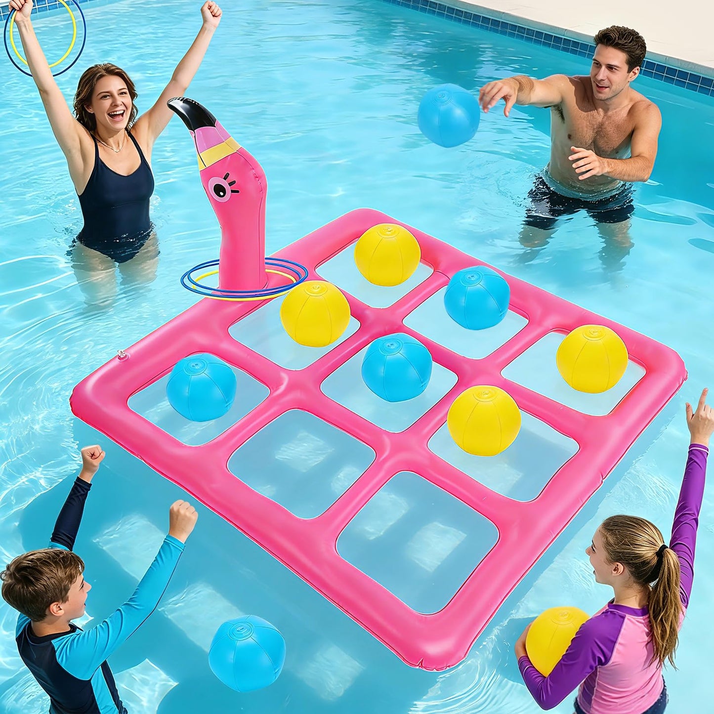 MADHOLLY 2 in 1 Pool Games Set for 2-10 Players - Inflatable Tic-Tac-Toe & Flamingo Ring Toss with 10 Balls & 6 Rings, Outdoor Summer Beach Yard Toys for Family, Adults, Kids