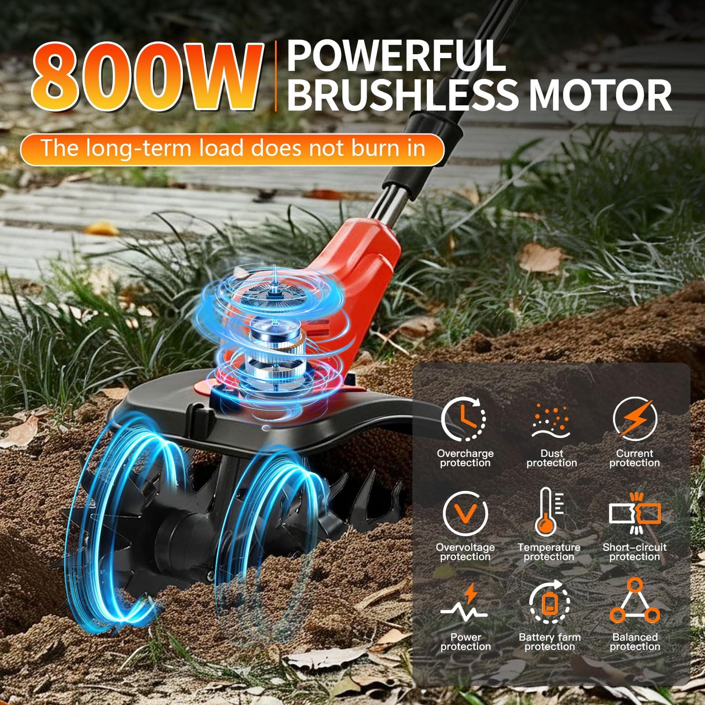 Cordless Electric Tiller for Gardening, Garden Tiller, Cordless Cultivator, Rototiller, 800W Brushless Motor w/ 2X 6.0Ah Batteries, 9" Tilling Width & 6.6" Depth, 360 RPM, 4 Steel Blades, Hand Tiller