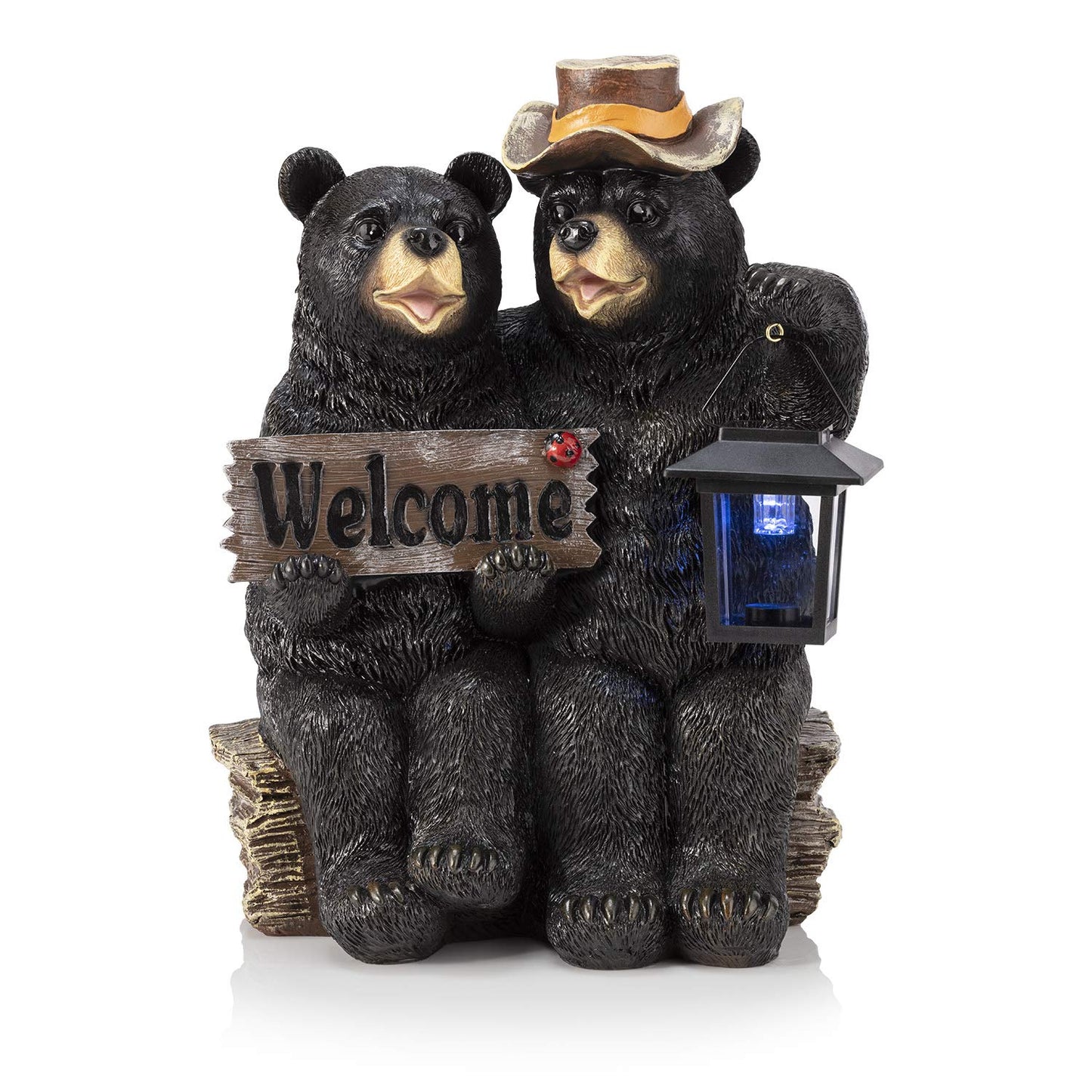 Alpine Corporation 15" H Outdoor Bear Couple with Lantern and Welcome Sign Statue with Solar LED Lights, Black