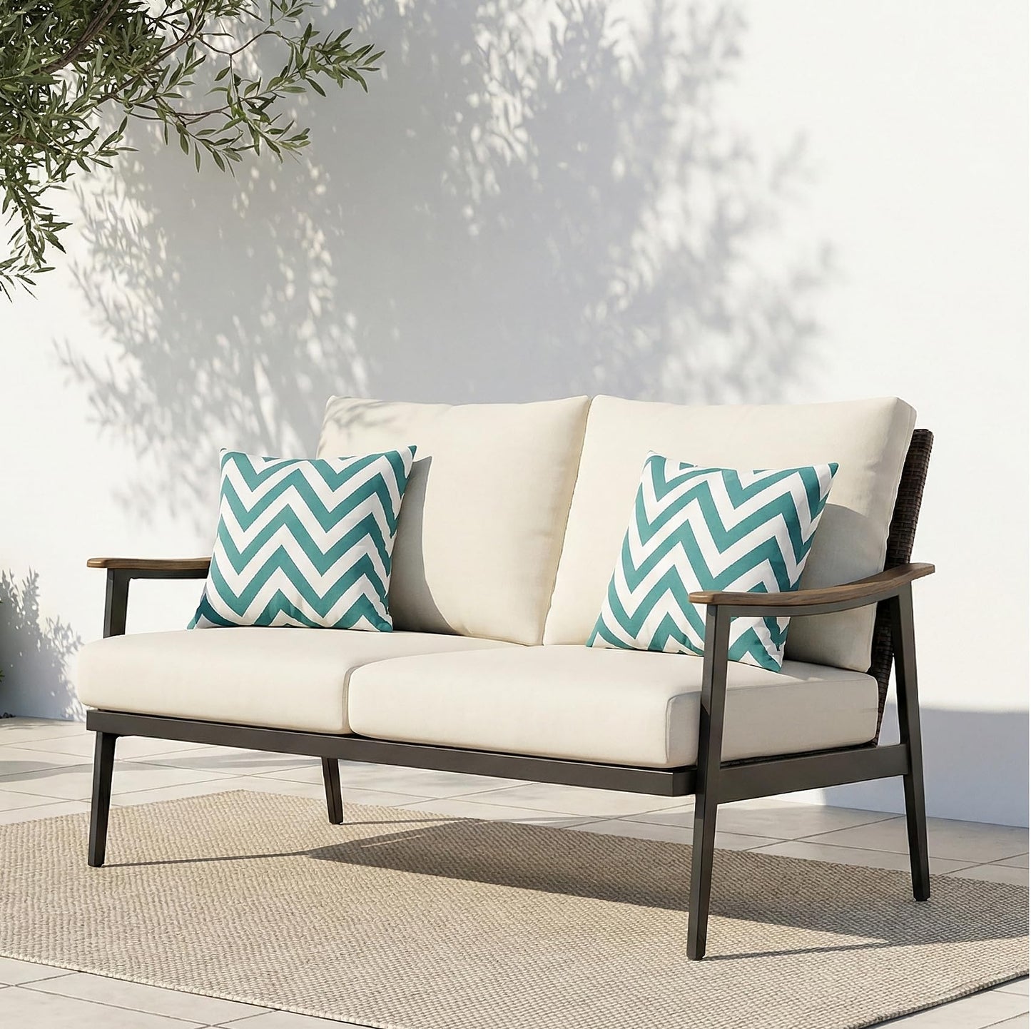 NATURAL EXPRESSIONS Patio Loveseat Sofa Outdoor Furniture Metal Chair with Wicker Backrest & 6 Inches Cushion for Indoor, Front Porch, Deck, Balcony, Backyard, 51.77"(L) x 29.75"(W) x 33.86"(H).