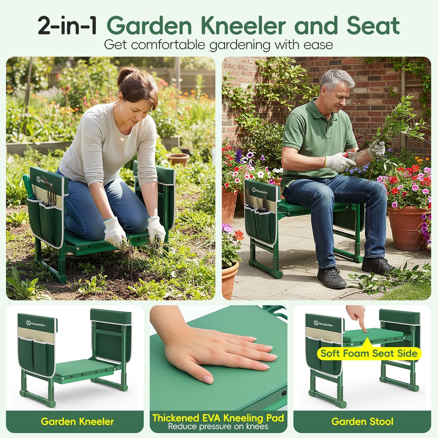 Housolution Garden Kneeler and Seat with Anti-Tipping Extendable Legs, Foldable and Portable Garden Stool with 2 Tool Bags, Thick Soft Kneeling Pad, Gardening Gifts for Women Men Seniors, Deep Green