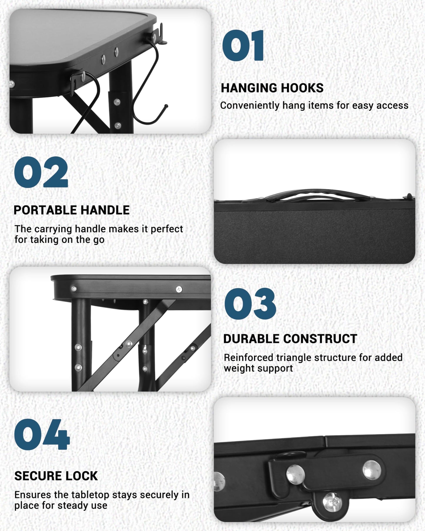 LOFTEY Small Folding Camping Table, 2ft Aluminum Portable Folding Table, 3 Adjustable Heights | Portable Handle | Lightweight for Travel & Outdoor, 23.6" x 15.7" x 27.5"H, Black