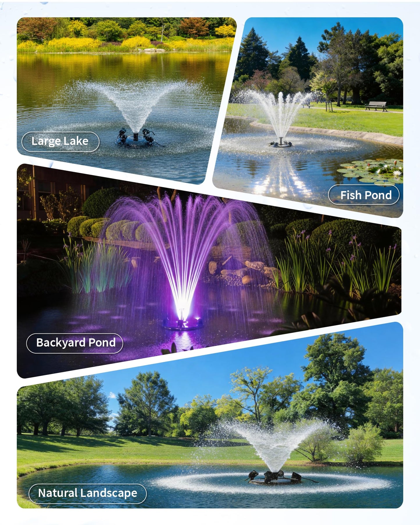 POPOSOAP Floating Fountain with LED Lights, Pond Fountain and Aerator Complete Kit with 1200GPH Water Pump 30FT Power Cord, 3 Spray Styles for Ponds, Pool, Lakes & Water Gardens P145
