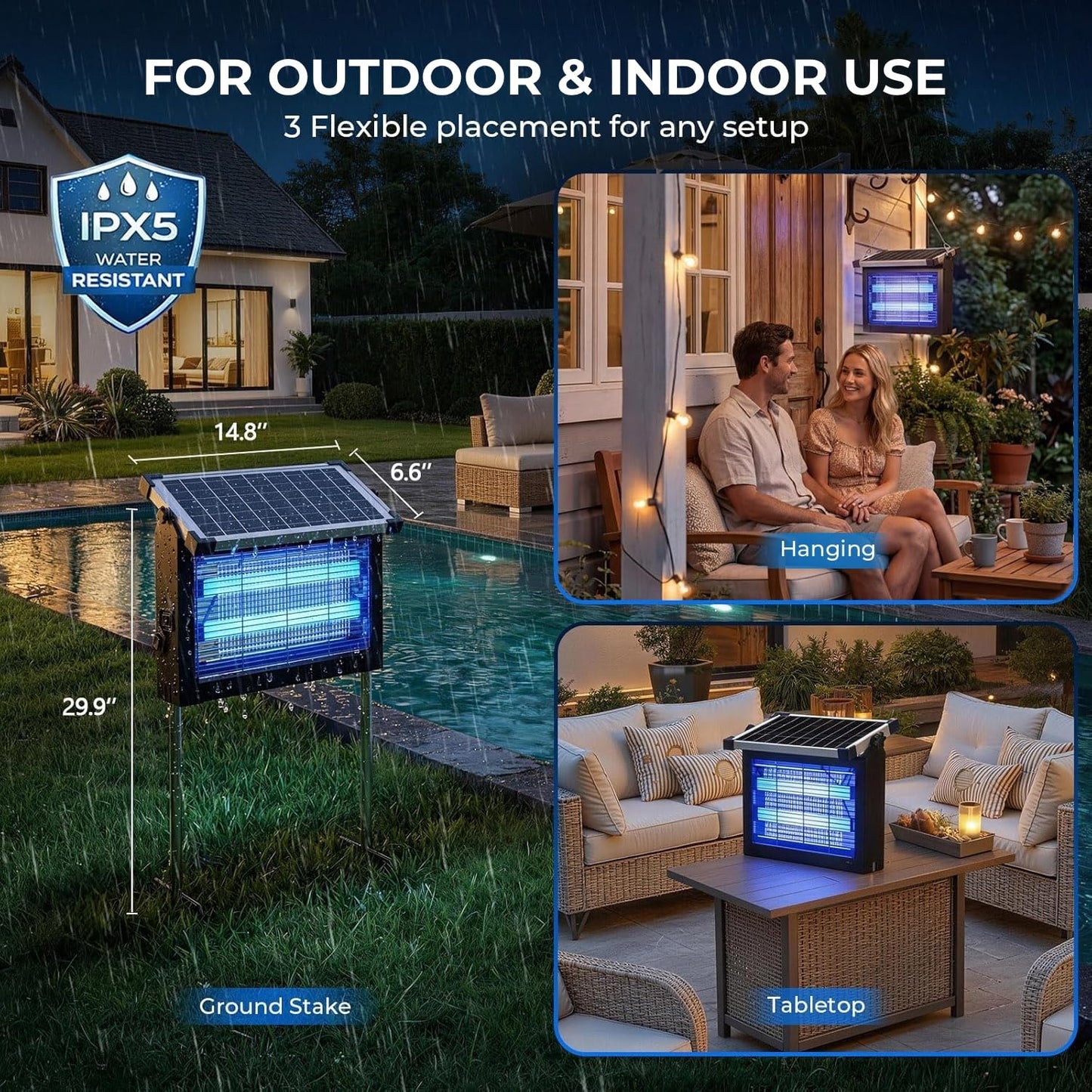 Solar Bug Zapper Outdoor, 4500V Waterproof Mosquito Zapper with 10W Solar Panel, Cordless Rechargeable Electric Fly Zapper, Mosquito Killer Lamp with Auto Sensor for Patio, Backyard, Garden, Camping