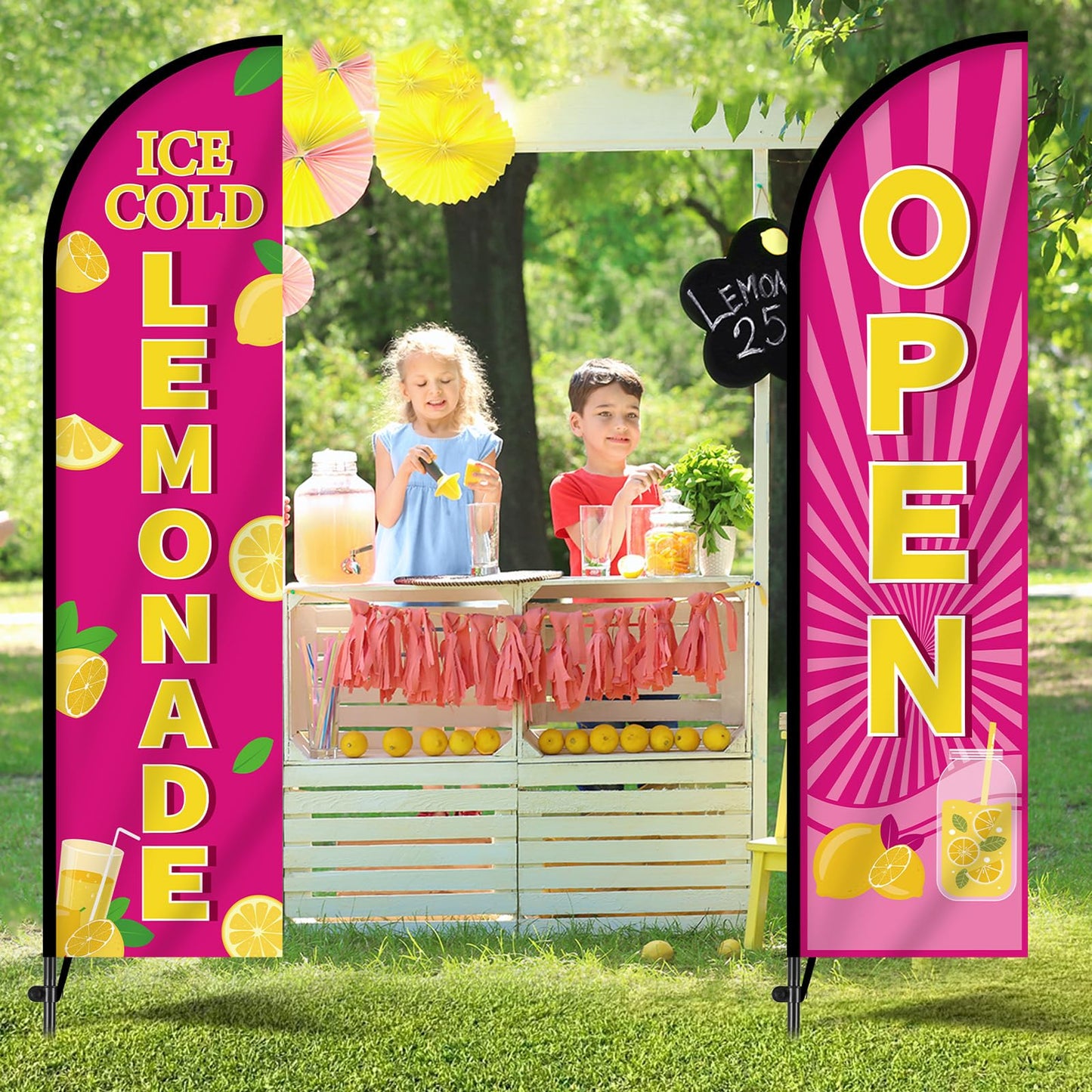 2 Sets Lemonade Feather Flag for Business Advertising 11 FT Summer Lemonade Swooper Flag Sign with Pole Ground Stake Portable Bag Windless Welcome Open Banner for Outside Garden Business Store (Pink)