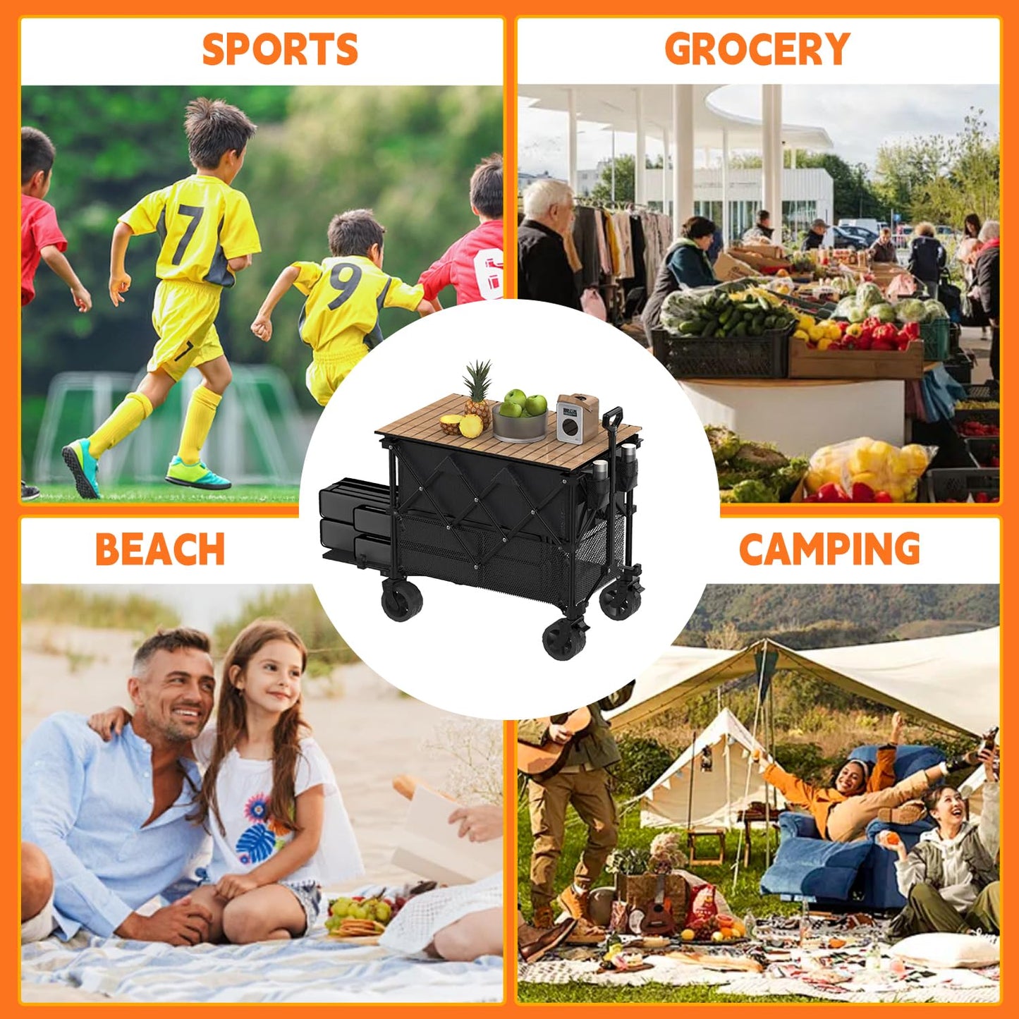 Double Decker Wagon with Table, 600lb 400L 54'' Extra Long Heavy Duty Wagons Carts Foldable with Tailgate, Utility Folding Cart Big All-Terrain Wheels with Brakes for Camping, Fishing, Beach, Outdoor