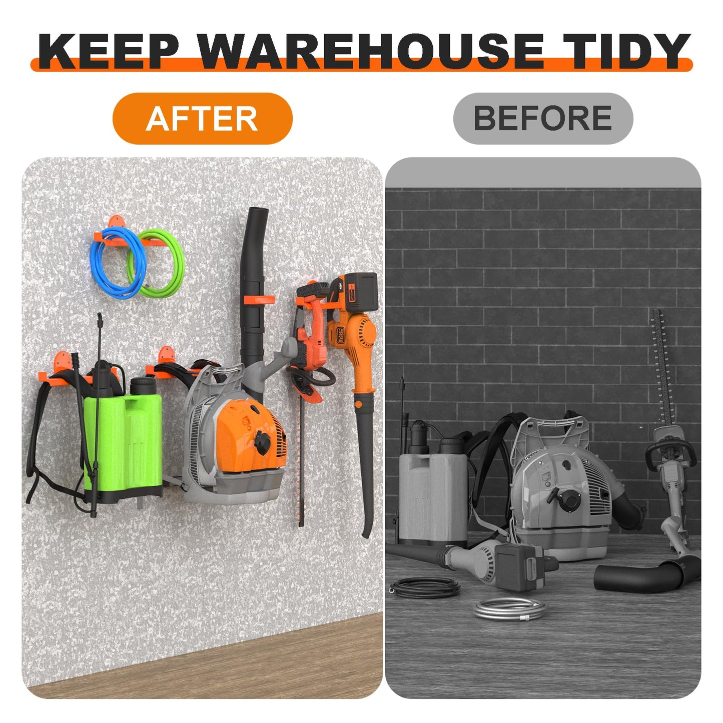 ZSLTLDU 3 Pack Backpack Blower Rack, Heavy Duty Anti-Scratch Leaf Blower Hanger with Hose Holder, Backpack Sprayer Wall Mount for Garage, Warehouse & Outdoor Tool Storage