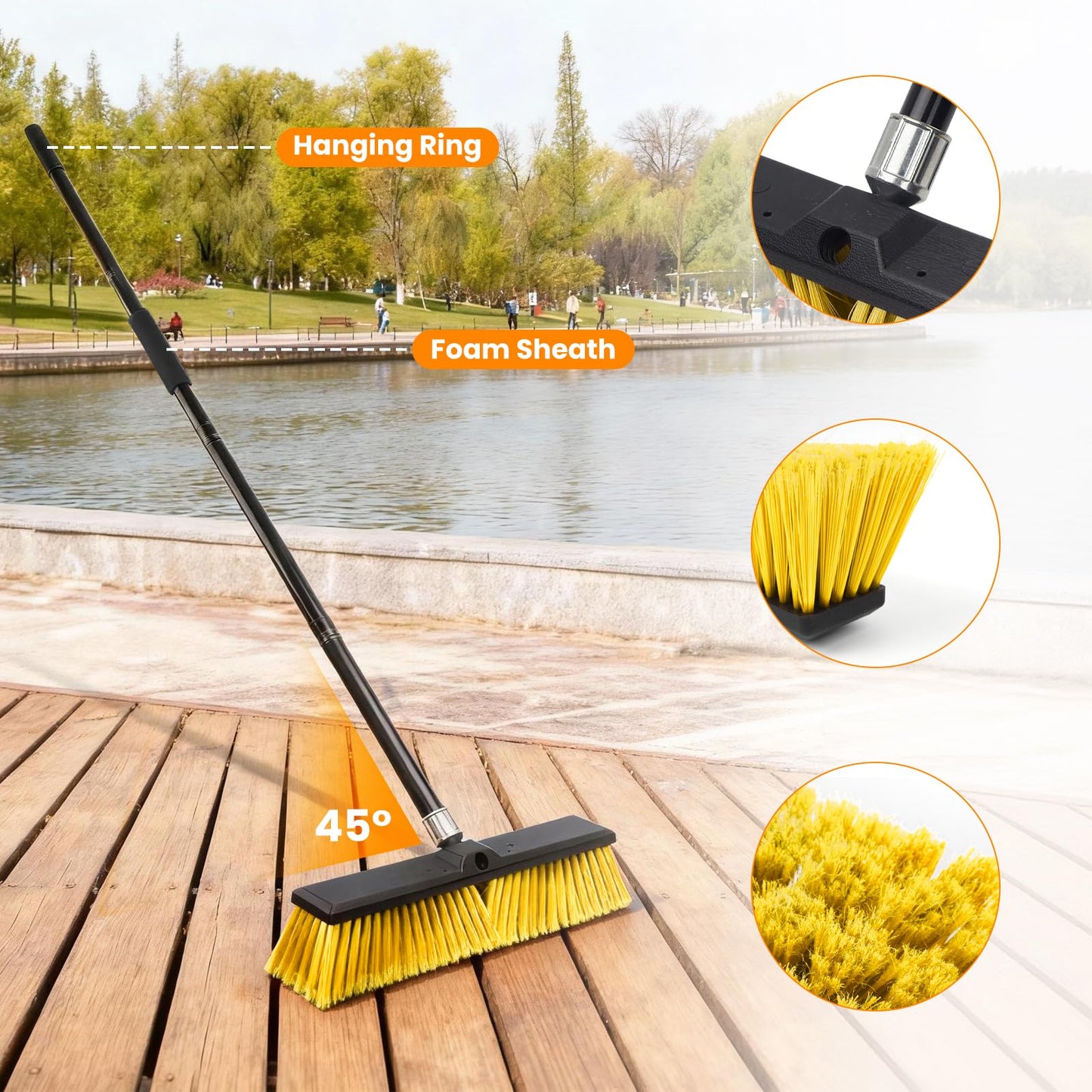 TOMAIX 24 Inches Push Broom Outdoor，Commercial Broom Brush，Stiff Bristle Brush with 61.8 inches Long Handle for Patio Garage Deck Street Shop Warehouse Lawn Driveway -3 Pack